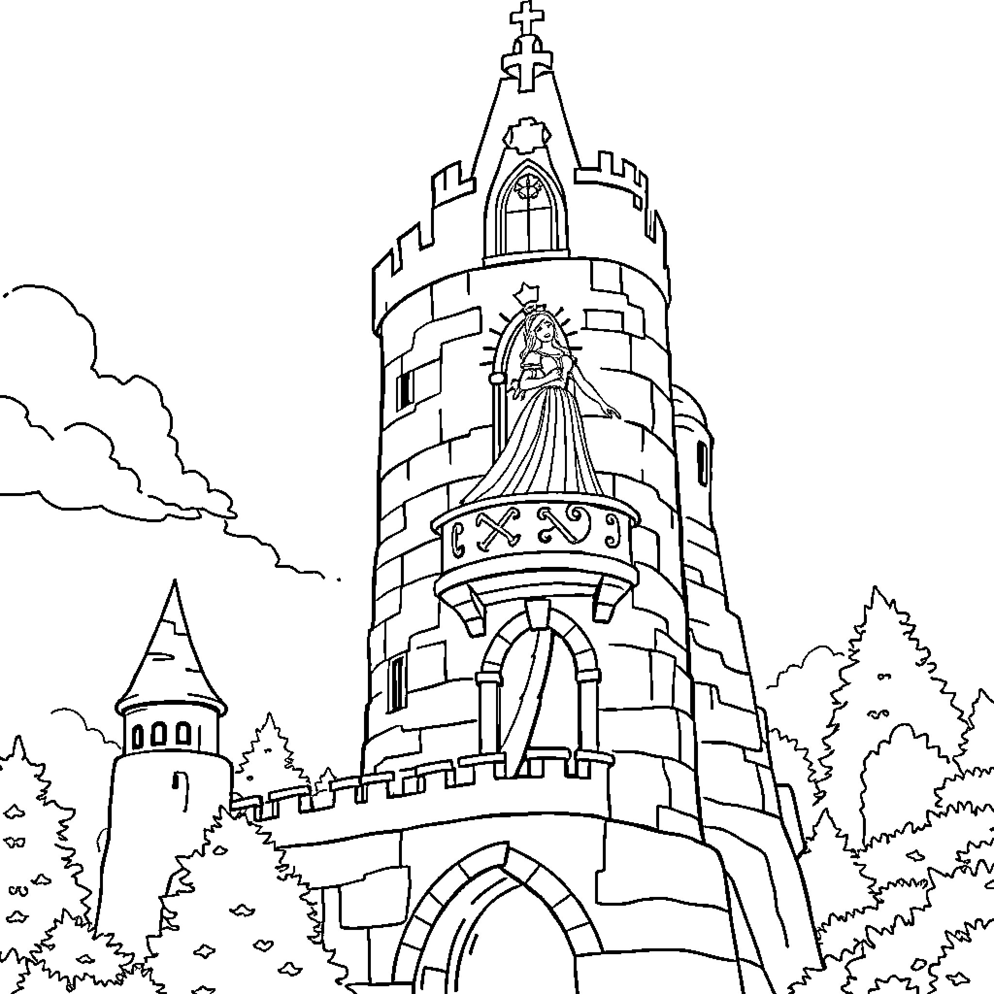 Princess in a Towering Castle Coloring Page (free black-and-white line drawing printable PDF for all, from beginners to advanced learners, including children, teens, adults, and seniors)