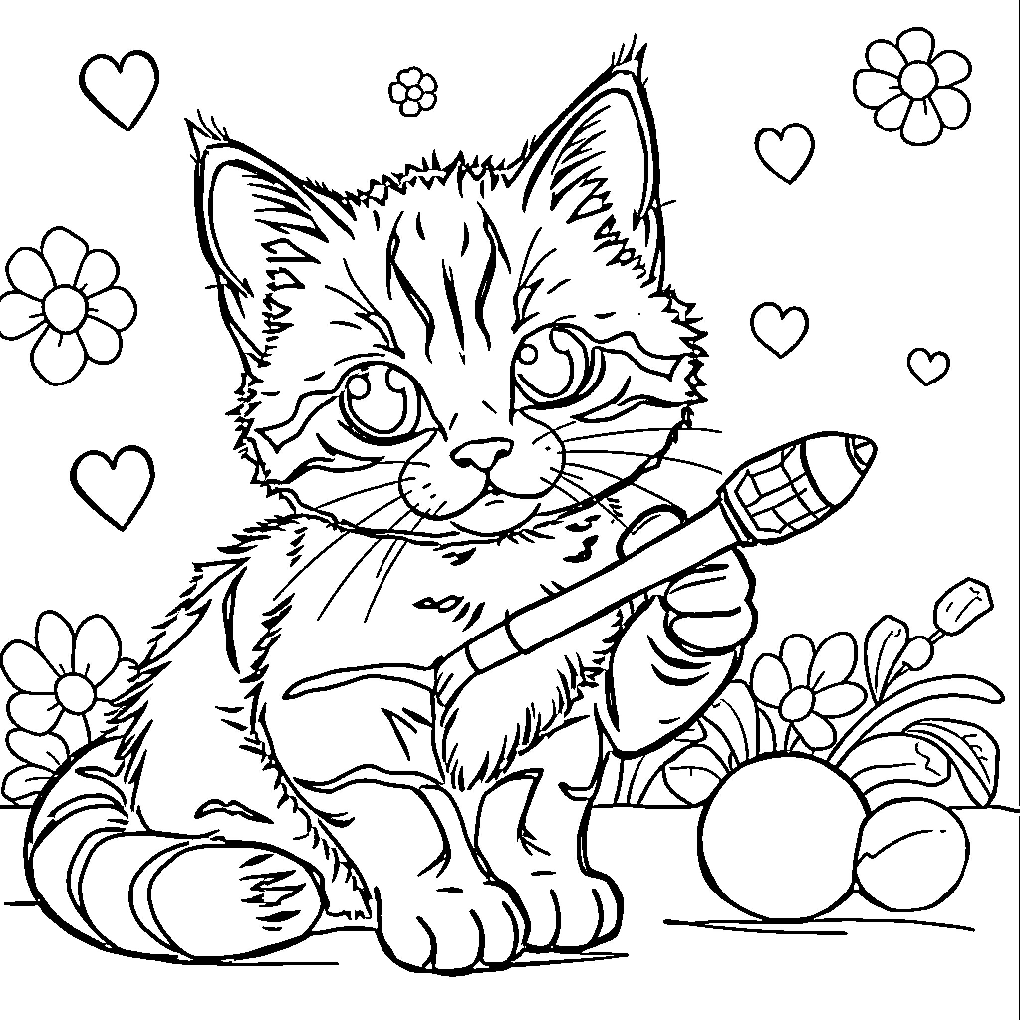 Cat playing with toys in a flowery garden Coloring Page (free black-and-white line drawing printable PDF for all, from beginners to advanced learners, including children, teens, adults, and seniors)