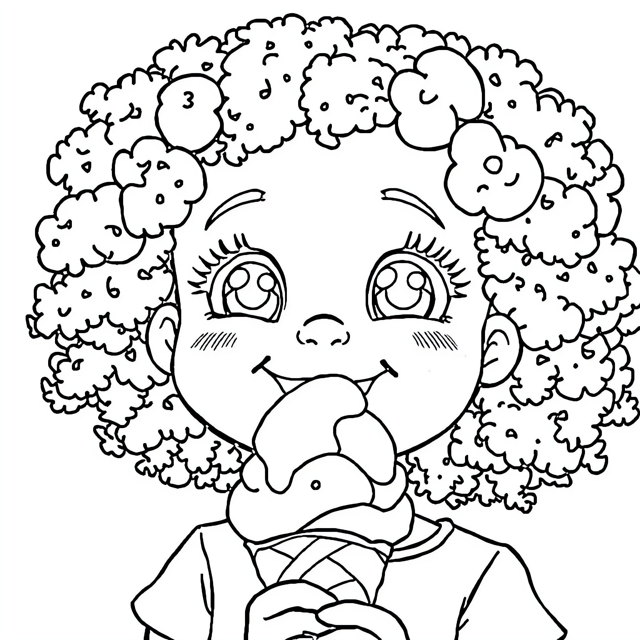Girl with curly hair and a happy expression Coloring Page (free black-and-white line drawing printable PDF for all, from beginners to advanced learners, including children, teens, adults, and seniors)