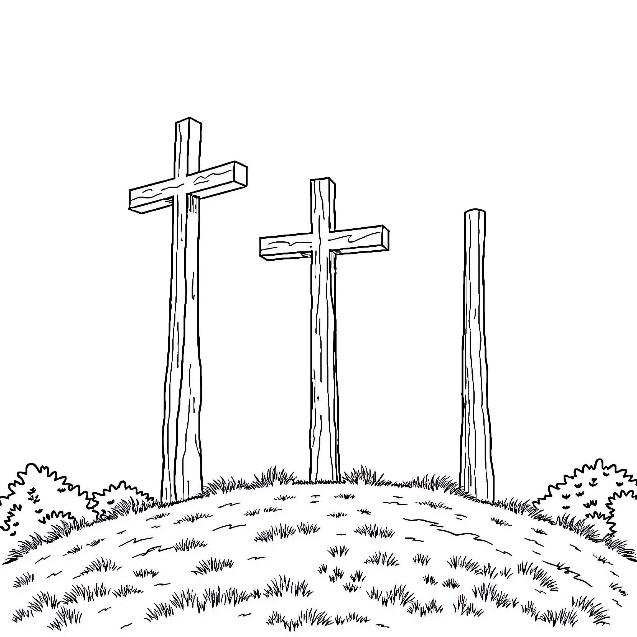 Cross-shaped Wooden Structures in a Grassy Field Coloring Page (free black-and-white line drawing printable PDF for all, from beginners to advanced learners, including children, teens, adults, and seniors)