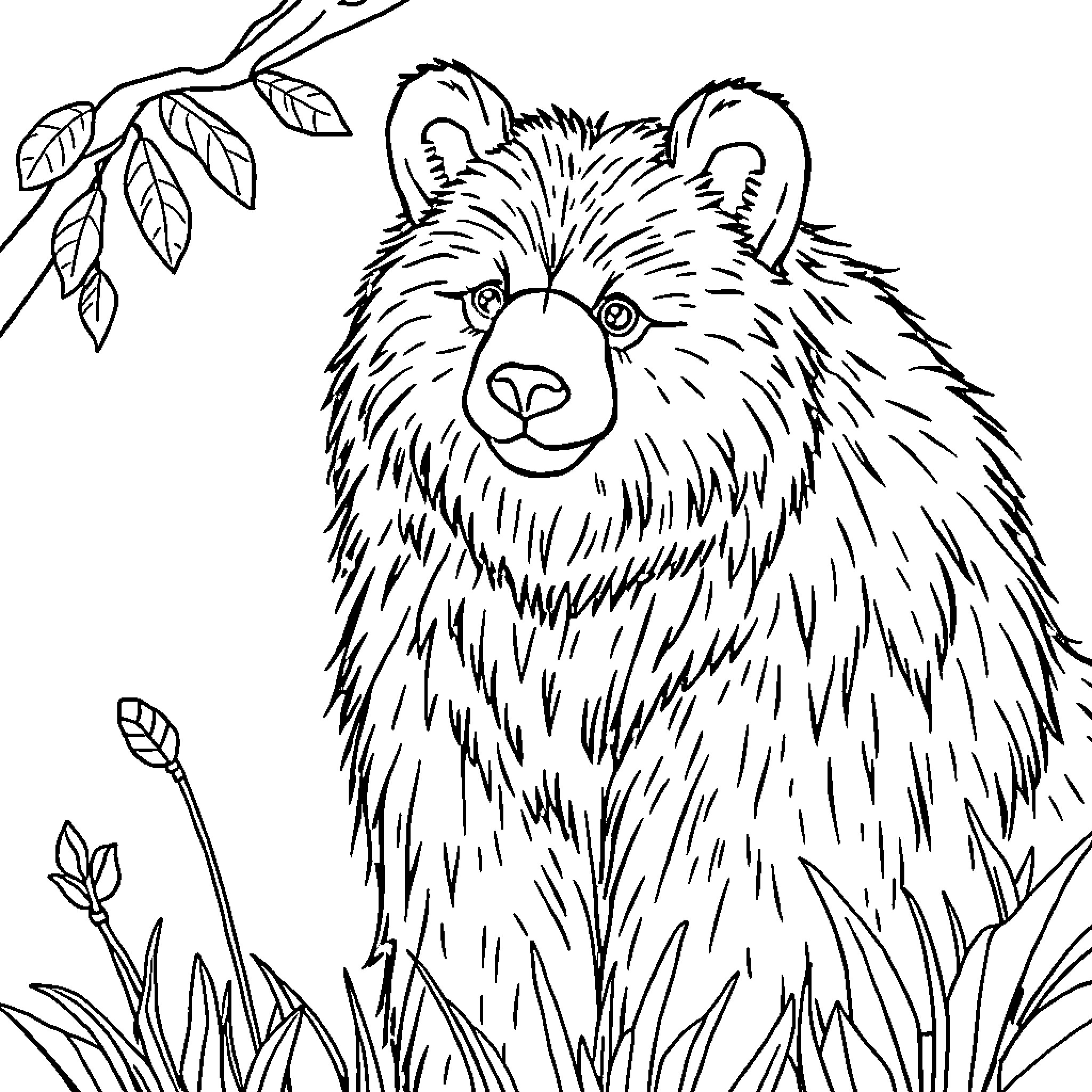 Bear enjoying the outdoors in nature Coloring Page (free black-and-white line drawing printable PDF for all, from beginners to advanced learners, including children, teens, adults, and seniors)