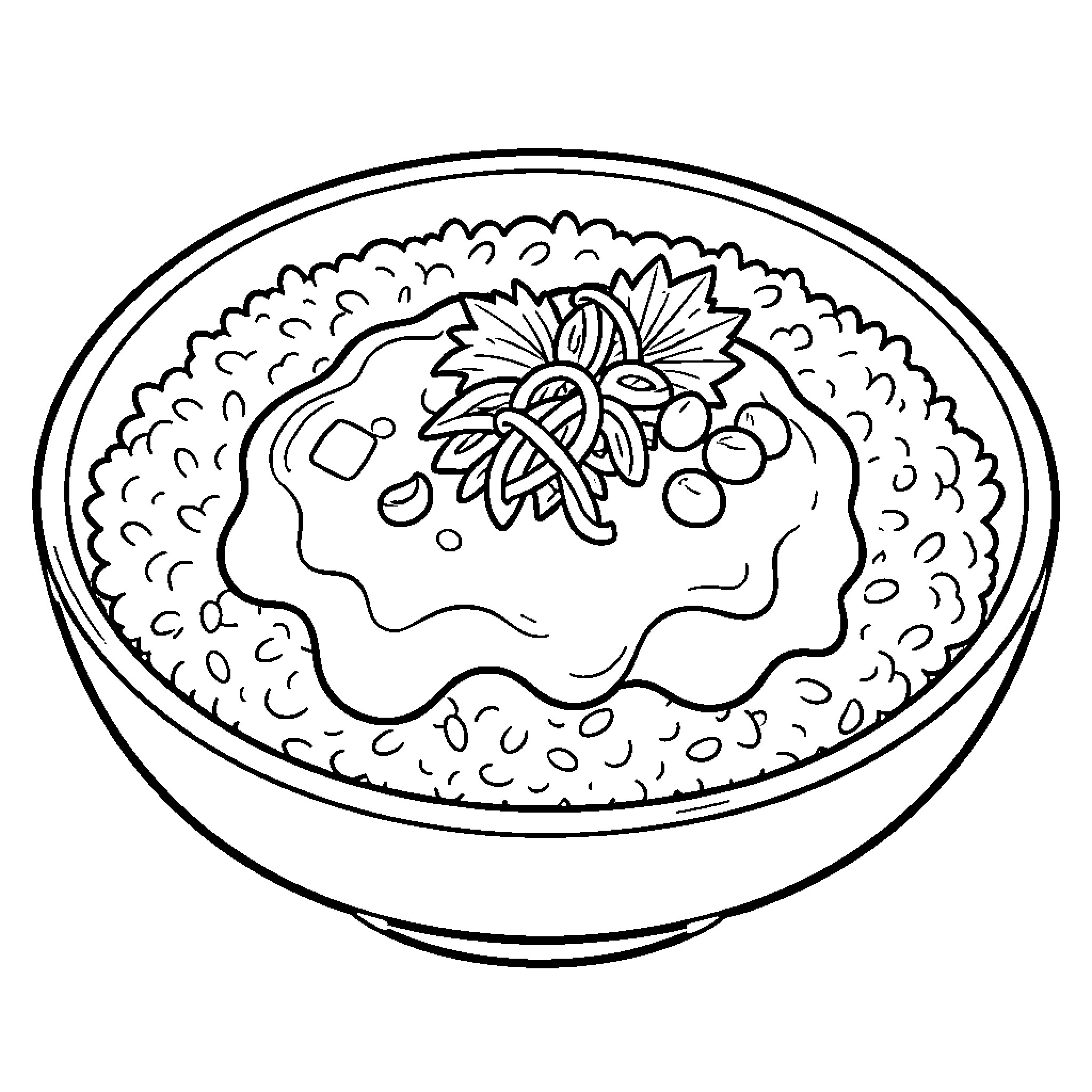 Kureme serving a delicious bowl of curry rice Coloring Page (free black-and-white line drawing printable PDF for all, from beginners to advanced learners, including children, teens, adults, and seniors)