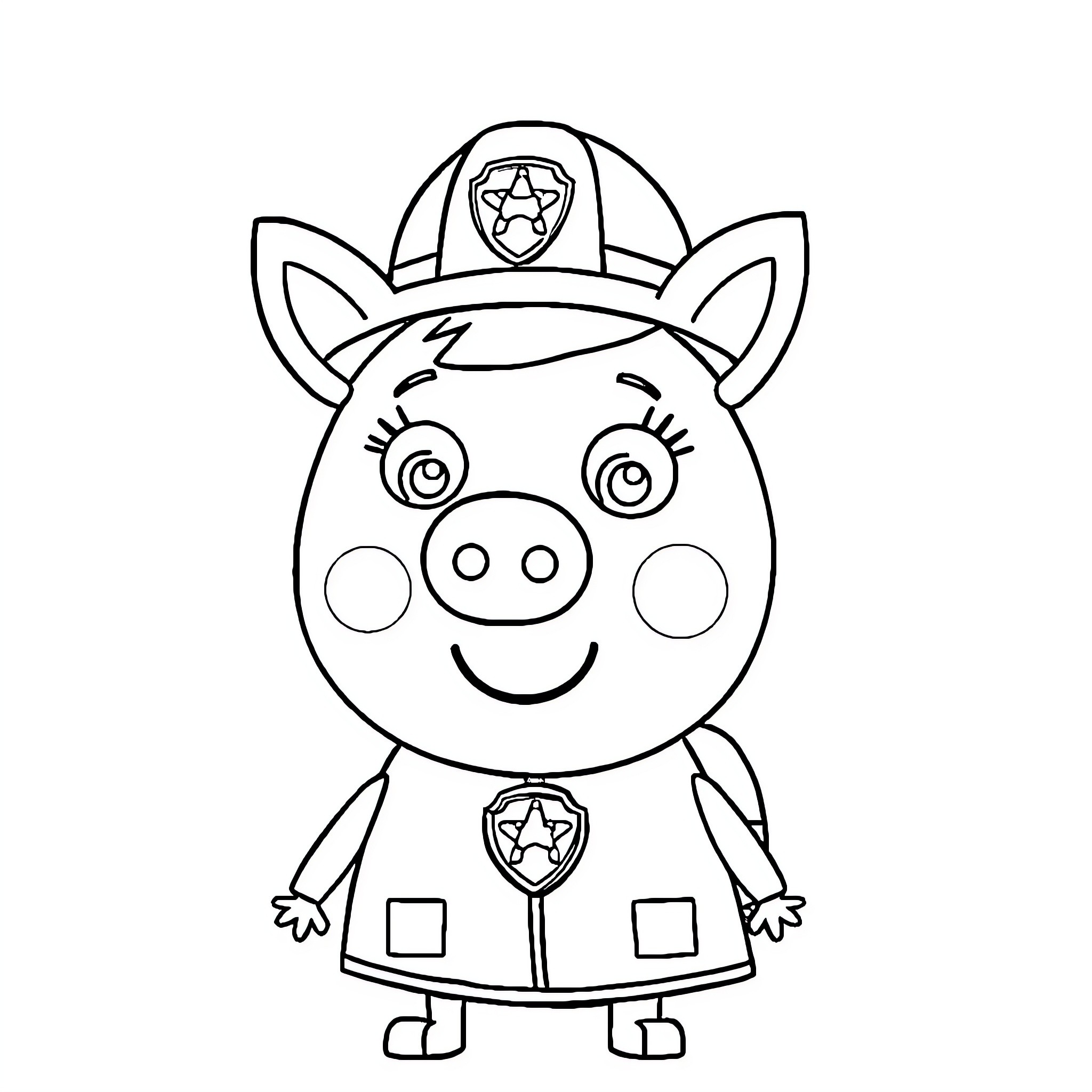 Peppa Pig dressed as a firefighter Coloring Page (free black-and-white line drawing printable PDF for all, from beginners to advanced learners, including children, teens, adults, and seniors)