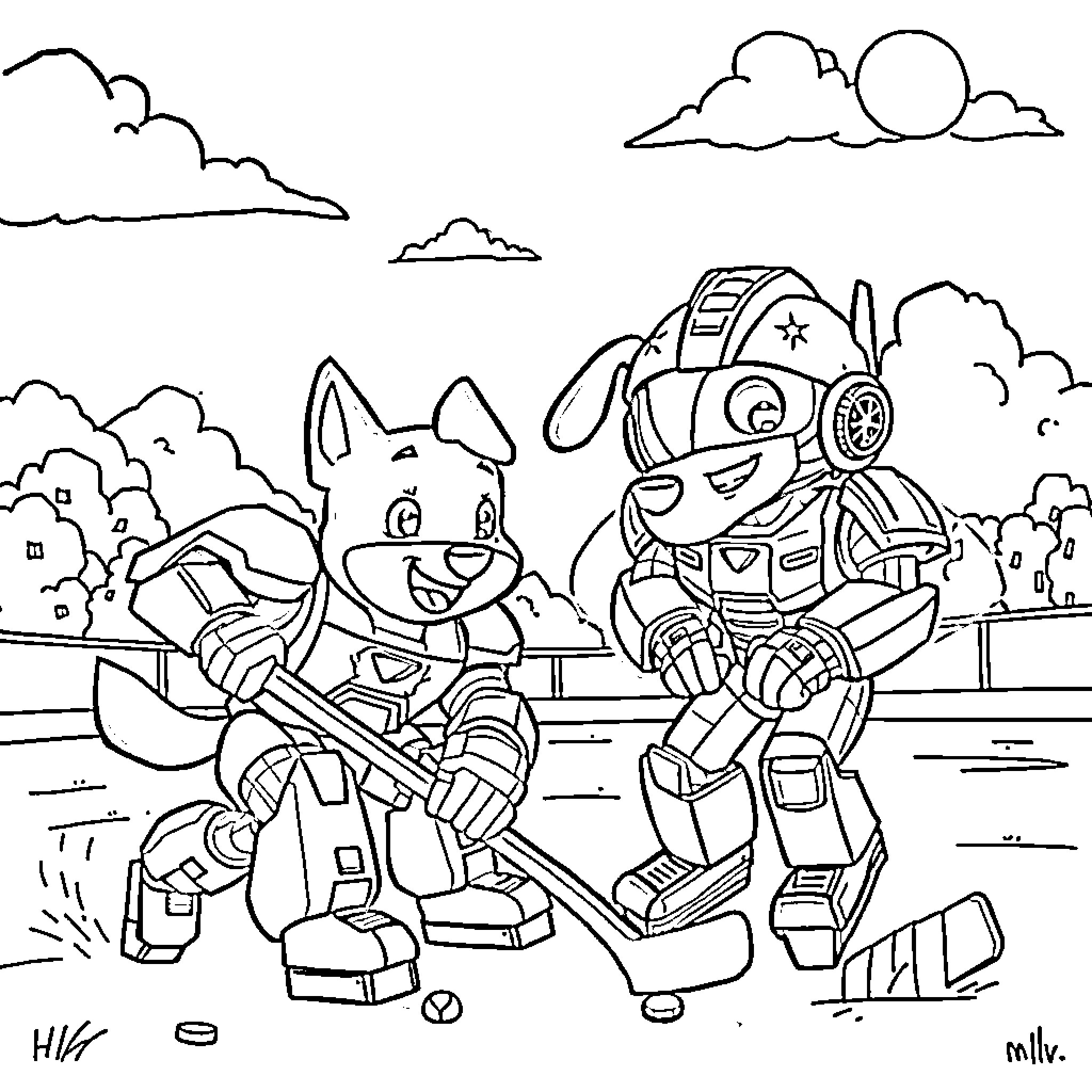 Bluey and Robot Chasing Adventure Coloring Page (free black-and-white line drawing printable PDF for all, from beginners to advanced learners, including children, teens, adults, and seniors)