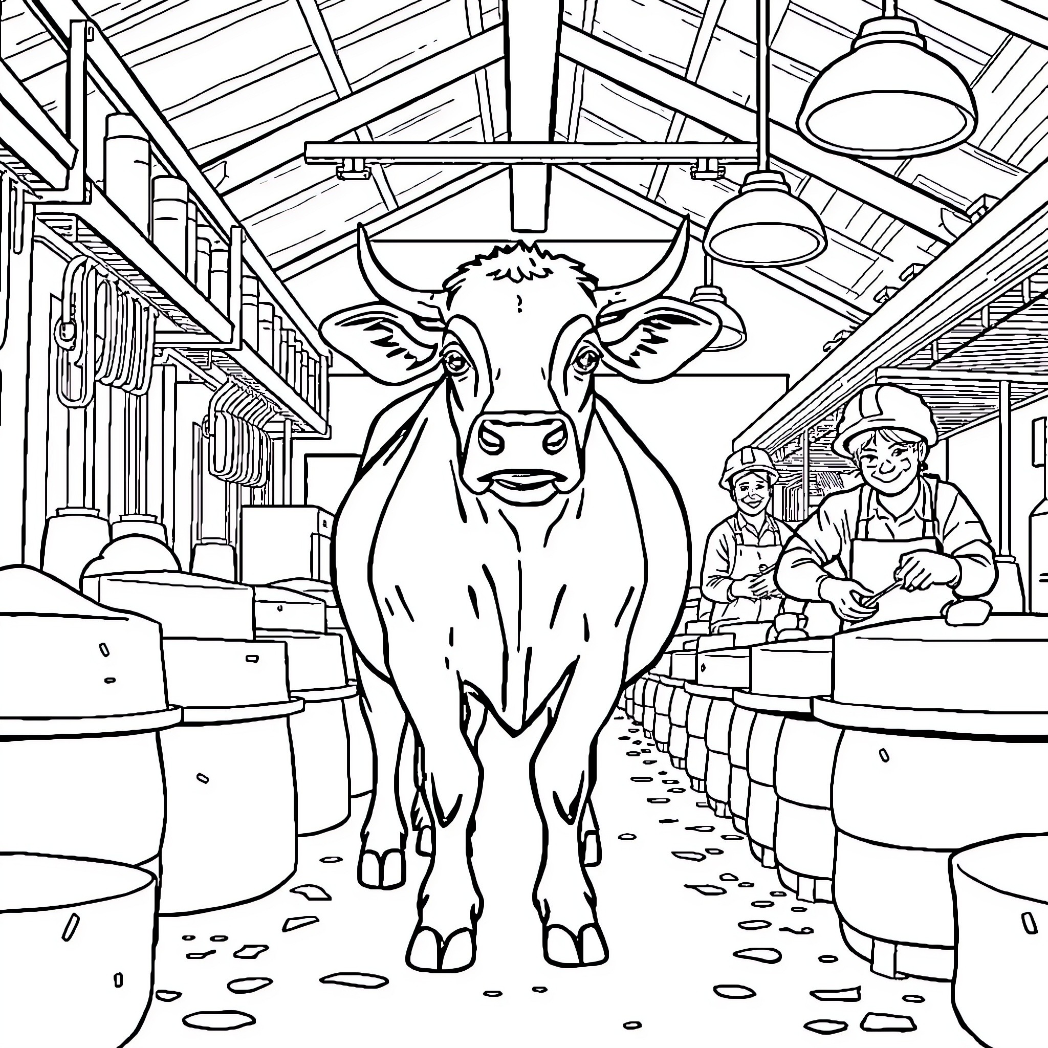 Cow Strolling Through a Lively Farmhouse Coloring Page (free black-and-white line drawing printable PDF for all, from beginners to advanced learners, including children, teens, adults, and seniors)
