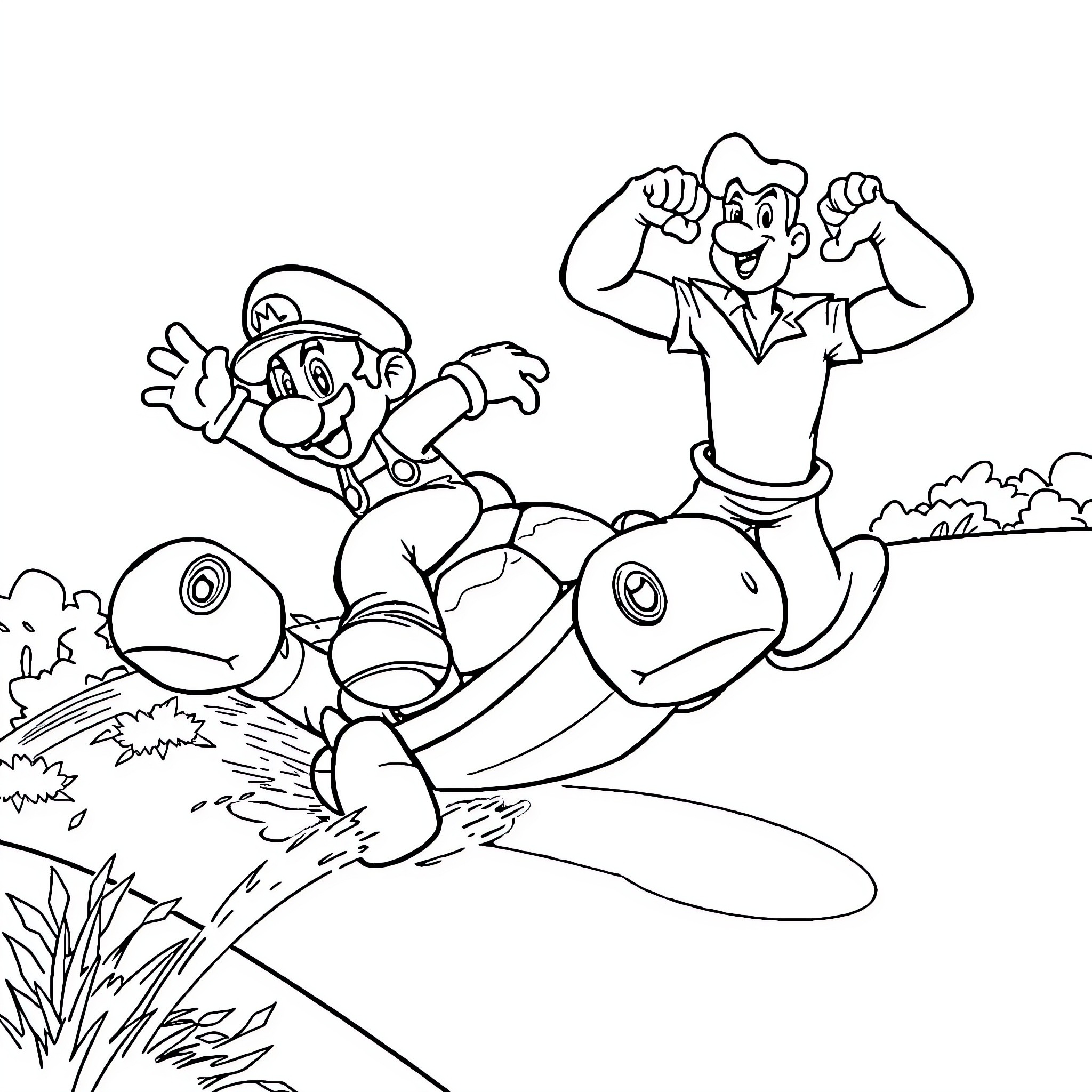Mario's Exciting Adventure on Colorful Creatures Coloring Page (free black-and-white line drawing printable PDF for all, from beginners to advanced learners, including children, teens, adults, and seniors)