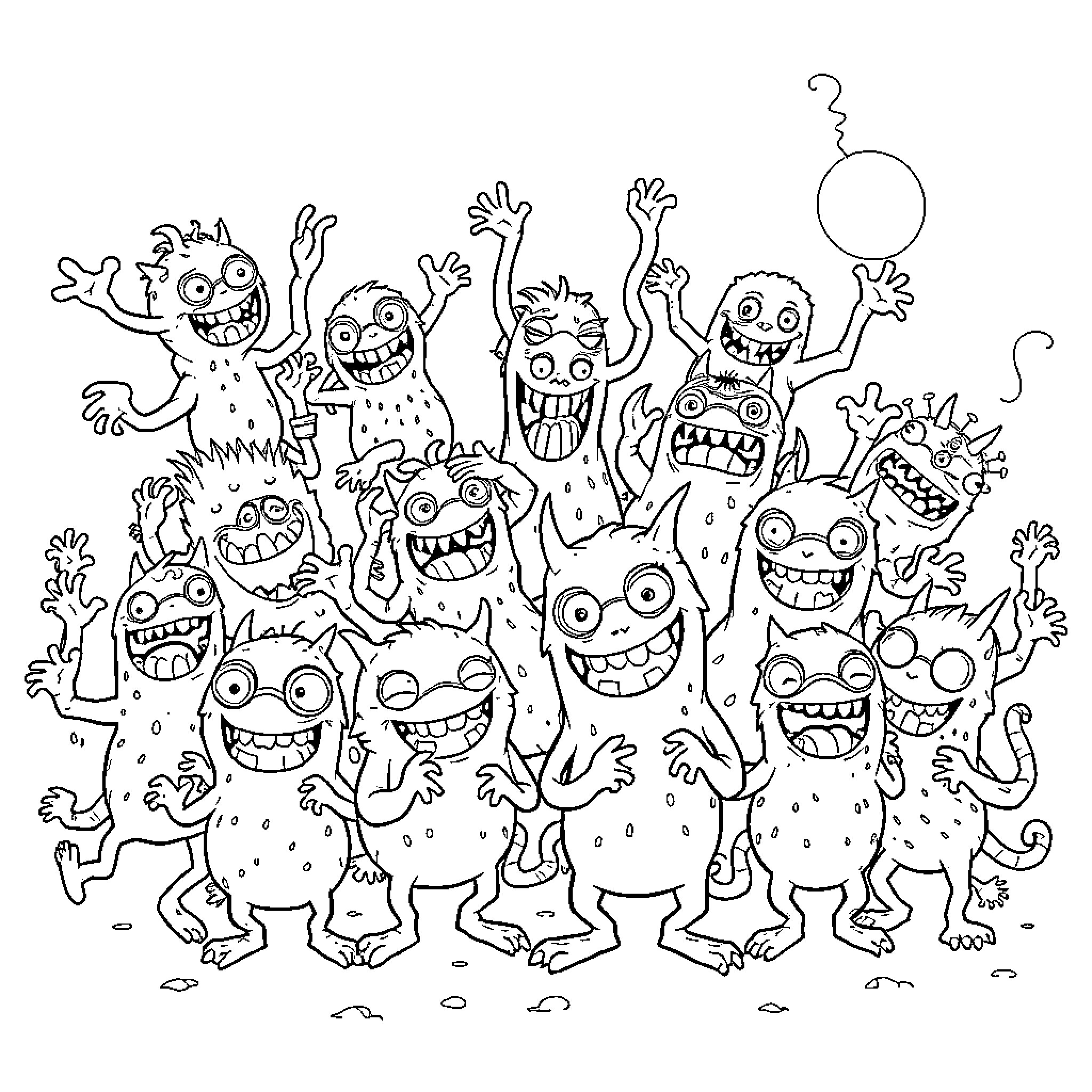 Monster Party of Festive Creatures Coloring Page (free black-and-white line drawing printable PDF for all, from beginners to advanced learners, including children, teens, adults, and seniors)