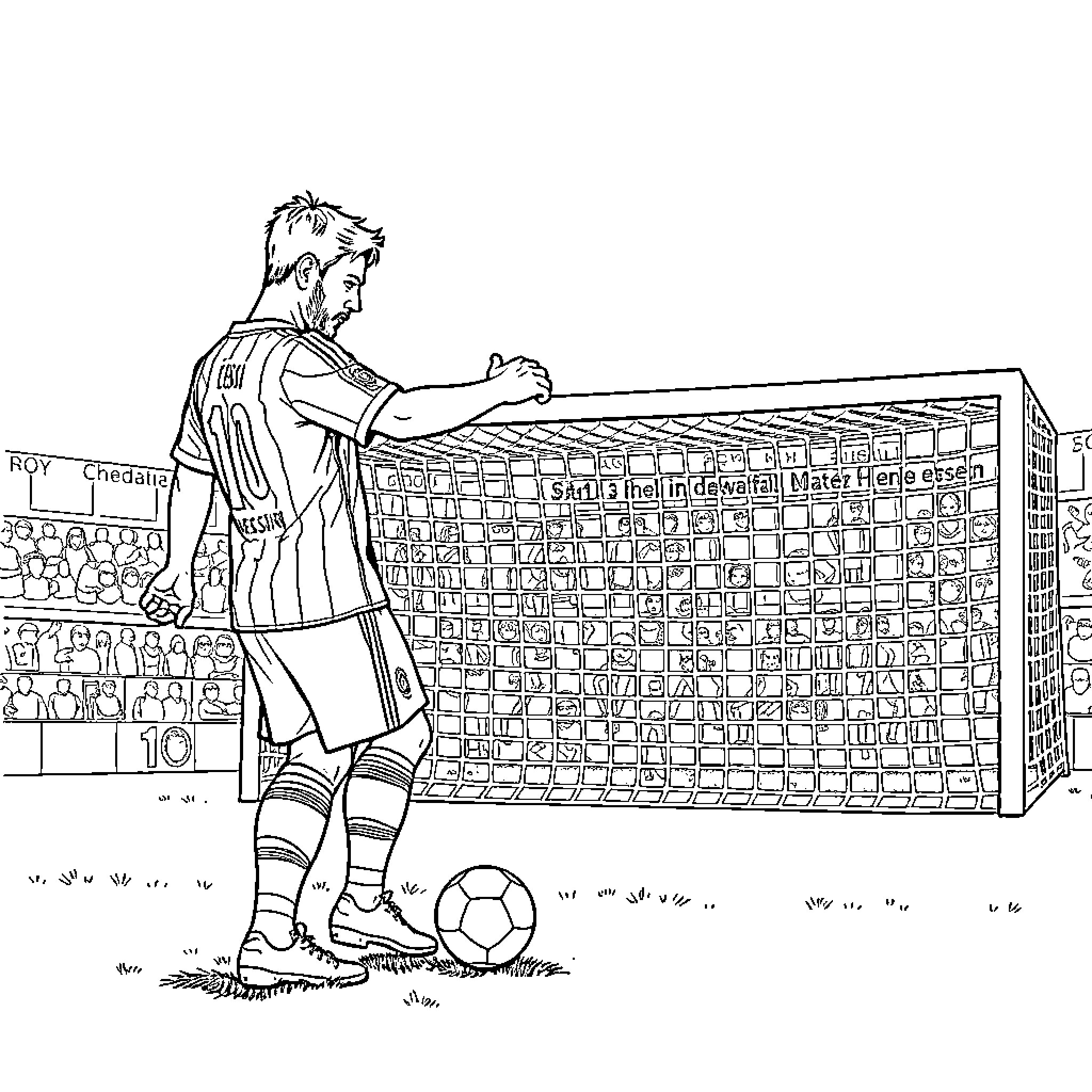 Messi preparing for a penalty kick on the field Coloring Page (free black-and-white line drawing printable PDF for all, from beginners to advanced learners, including children, teens, adults, and seniors)
