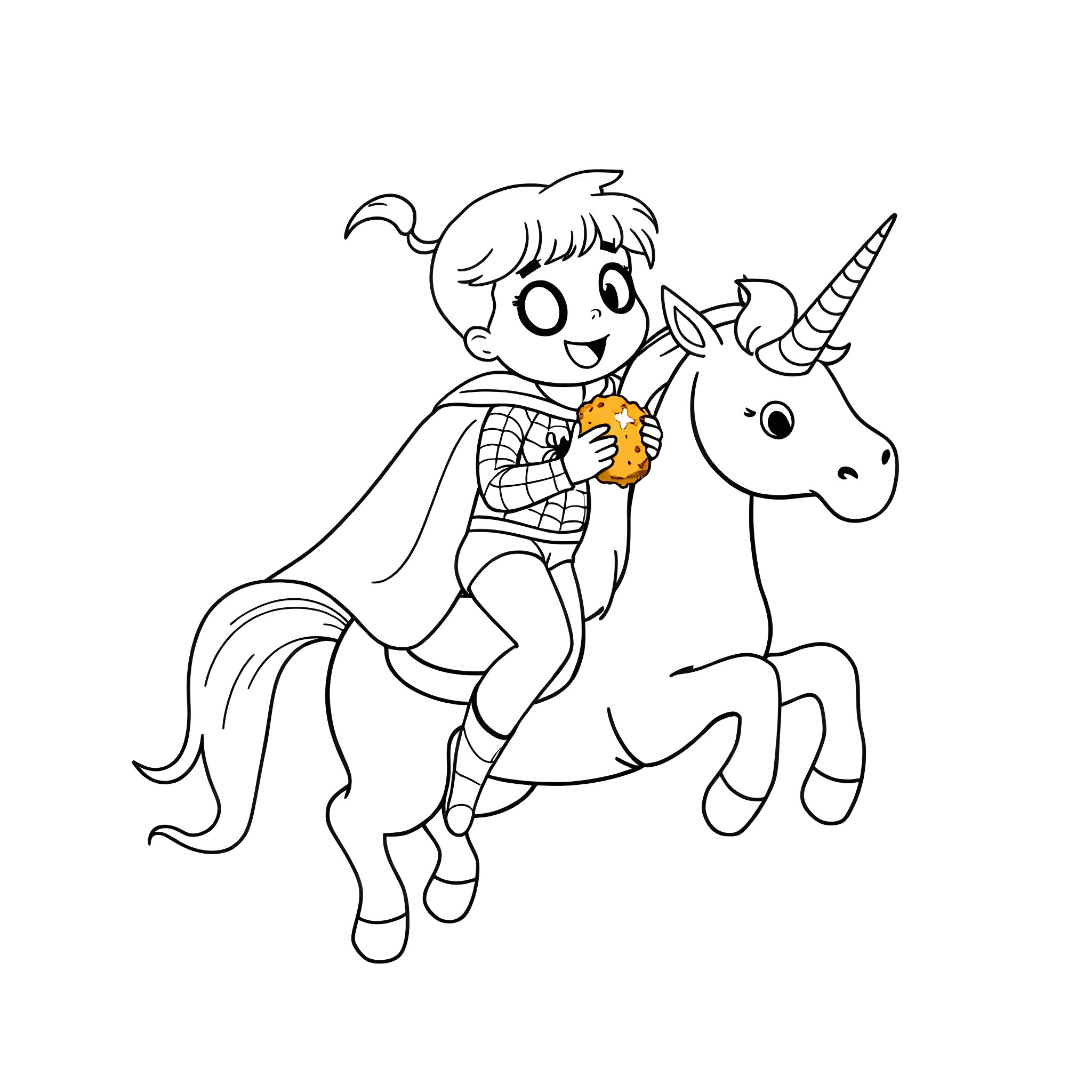 Girl riding a unicorn holding a butterfly Coloring Page (free black-and-white line drawing printable PDF for all, from beginners to advanced learners, including children, teens, adults, and seniors)