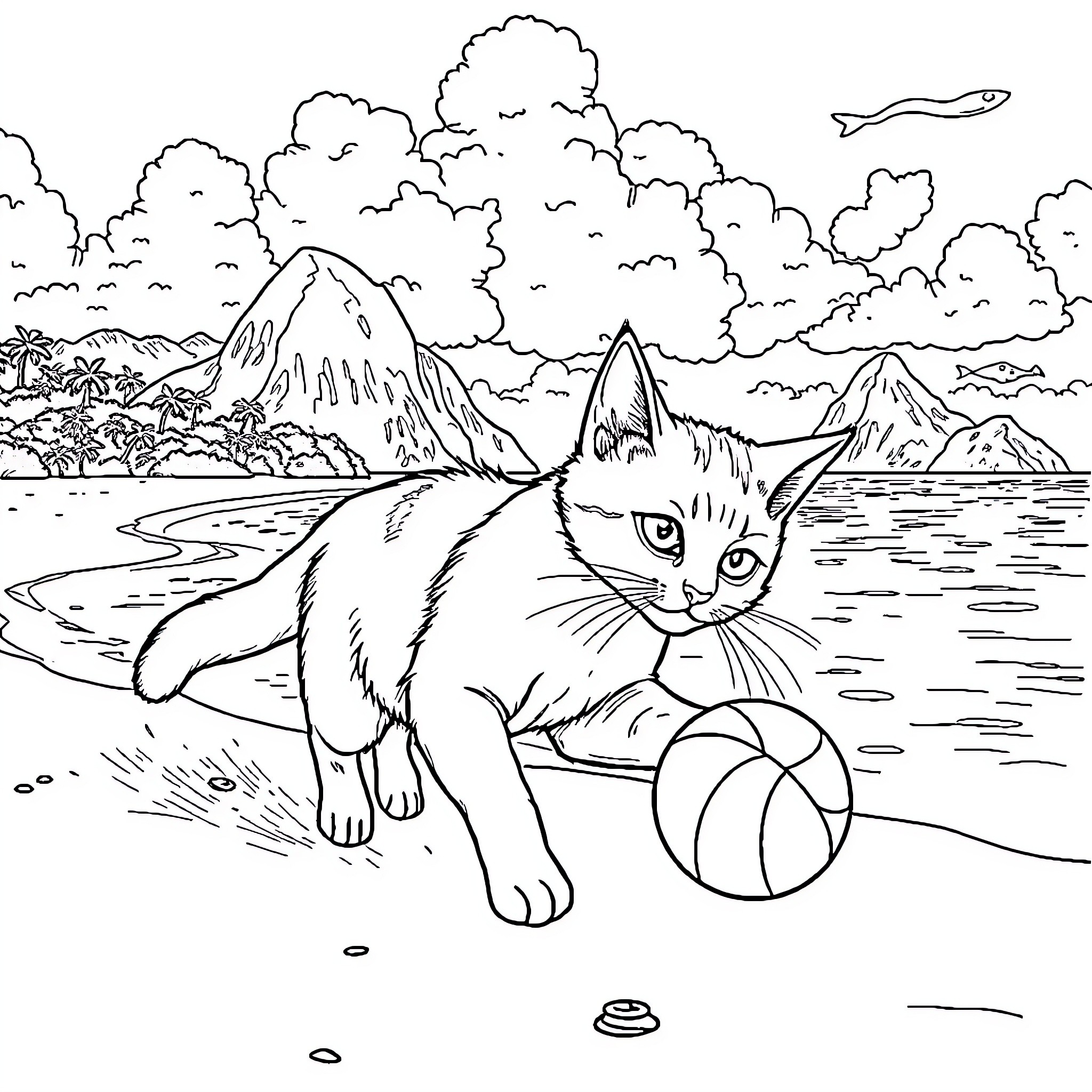 Cat relaxing on the beach with a beach ball Coloring Page (free black-and-white line drawing printable PDF for all, from beginners to advanced learners, including children, teens, adults, and seniors)