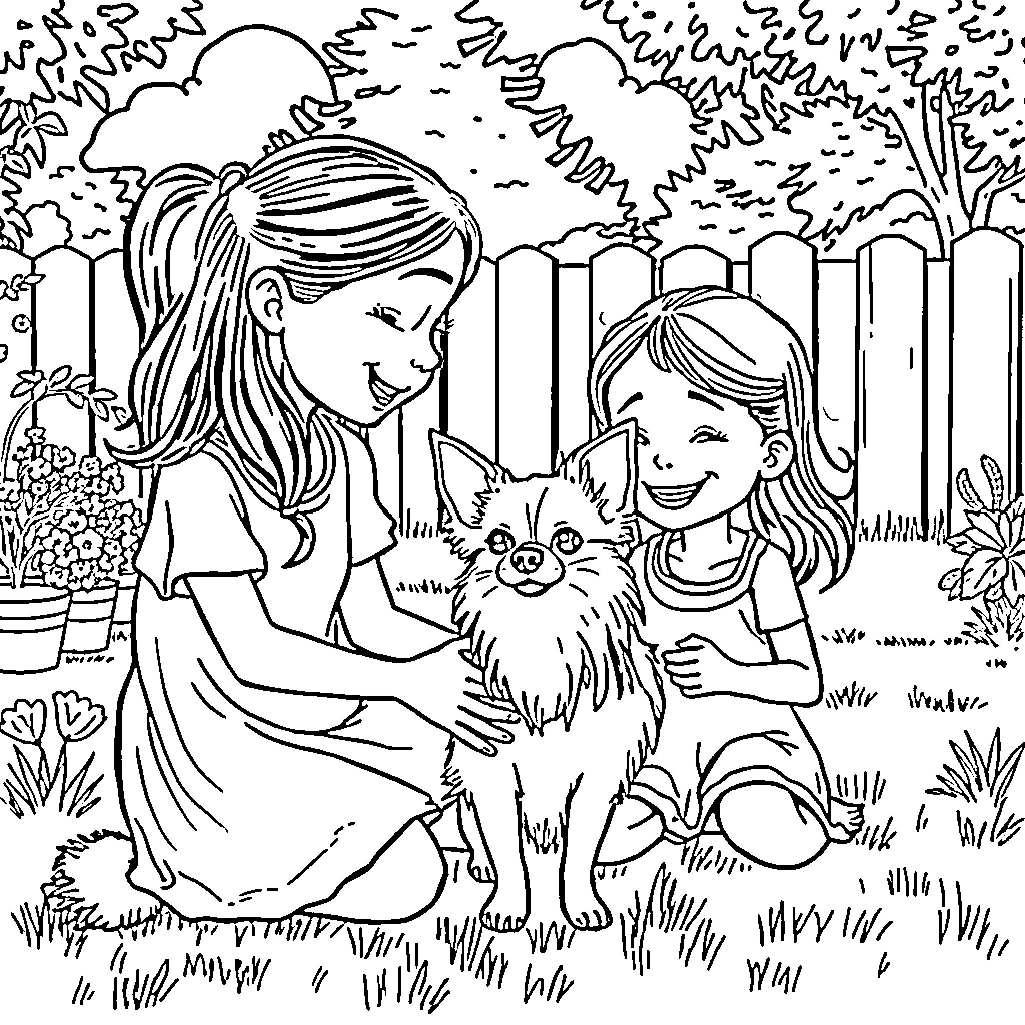 Chihuahua and happy girls enjoying the outdoors Coloring Page (free black-and-white line drawing printable PDF for all, from beginners to advanced learners, including children, teens, adults, and seniors)