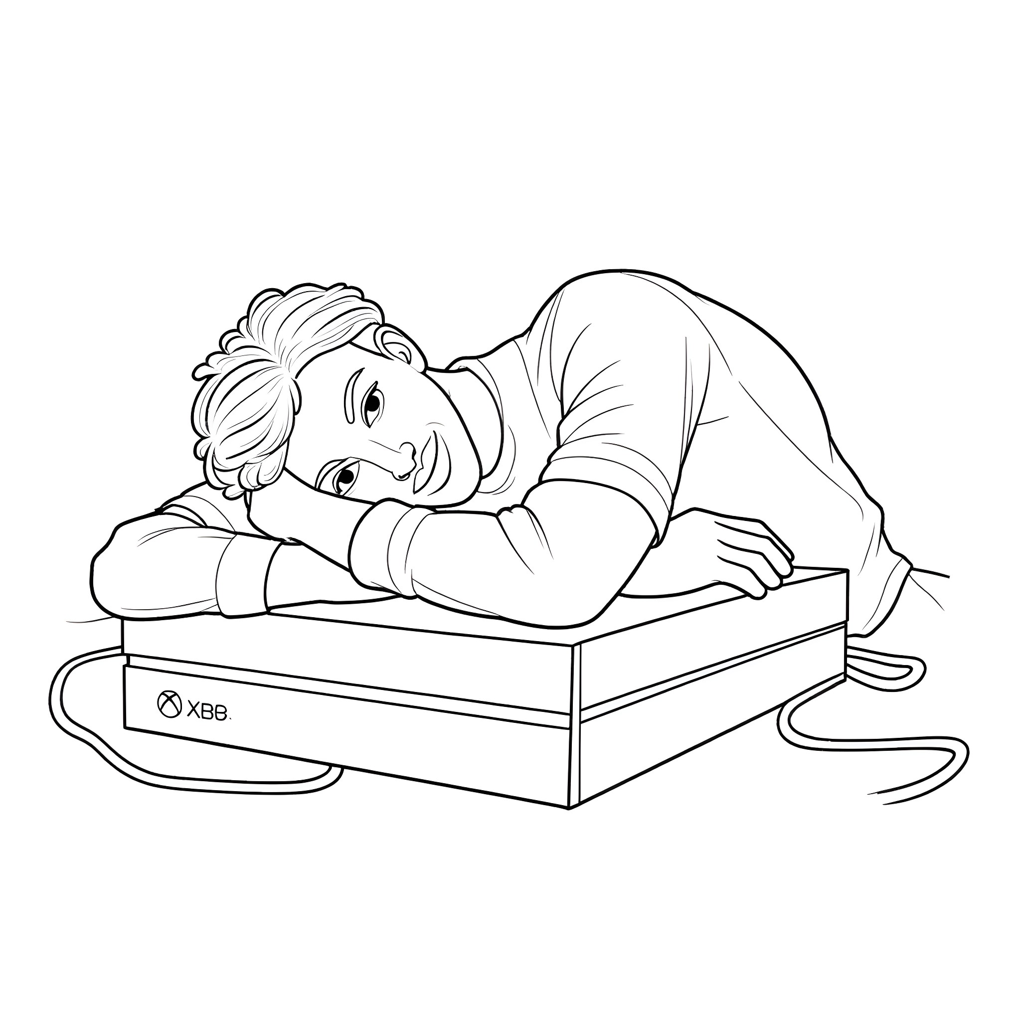 Jahmaal Branker resting comfortably on gaming console Coloring Page (free black-and-white line drawing printable PDF for all, from beginners to advanced learners, including children, teens, adults, and seniors)