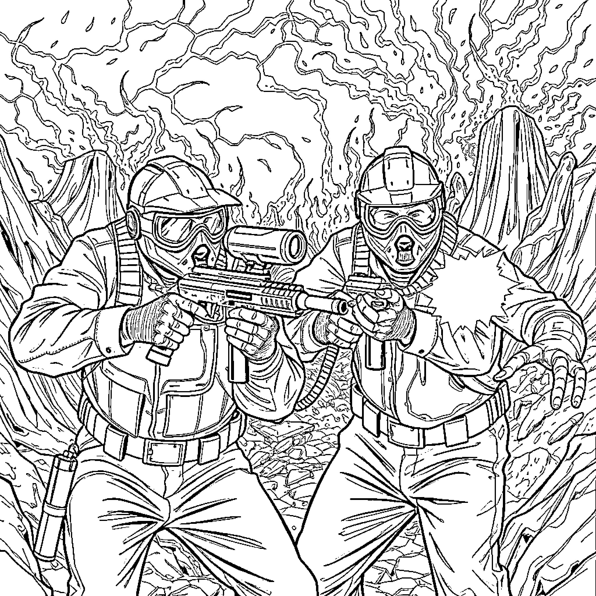 Man in combat gear engaging in intense action Coloring Page (free black-and-white line drawing printable PDF for all, from beginners to advanced learners, including children, teens, adults, and seniors)