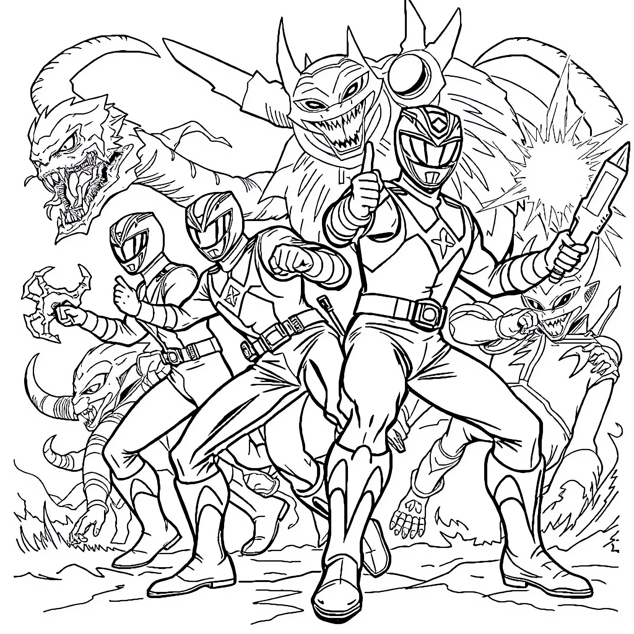 Power Rangers Battling Fierce Monsters in Action-Packed Scene Coloring Page (free black-and-white line drawing printable PDF for all, from beginners to advanced learners, including children, teens, adults, and seniors)