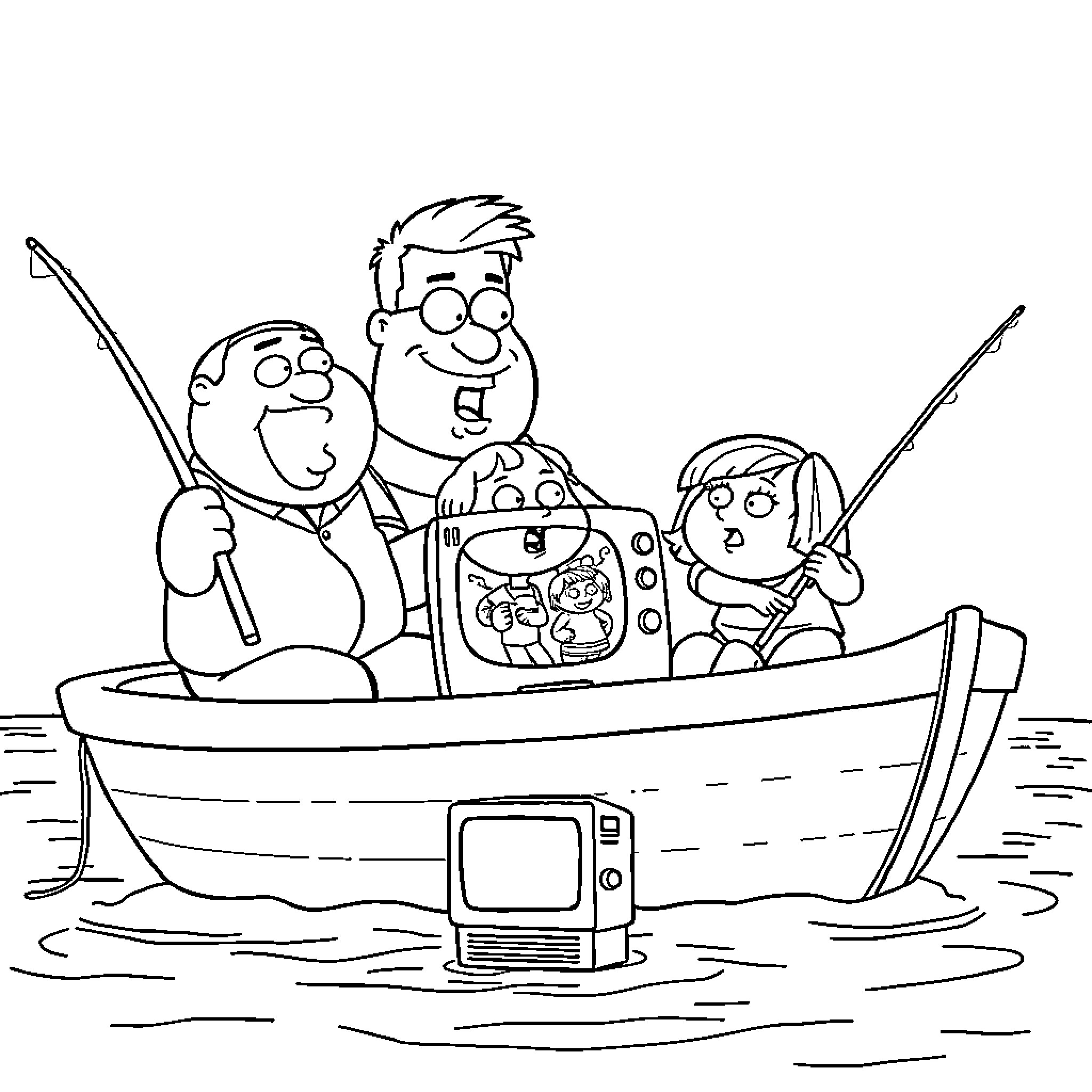Family Guy Fishing Trip with Comical Expressions Coloring Page (free black-and-white line drawing printable PDF for all, from beginners to advanced learners, including children, teens, adults, and seniors)
