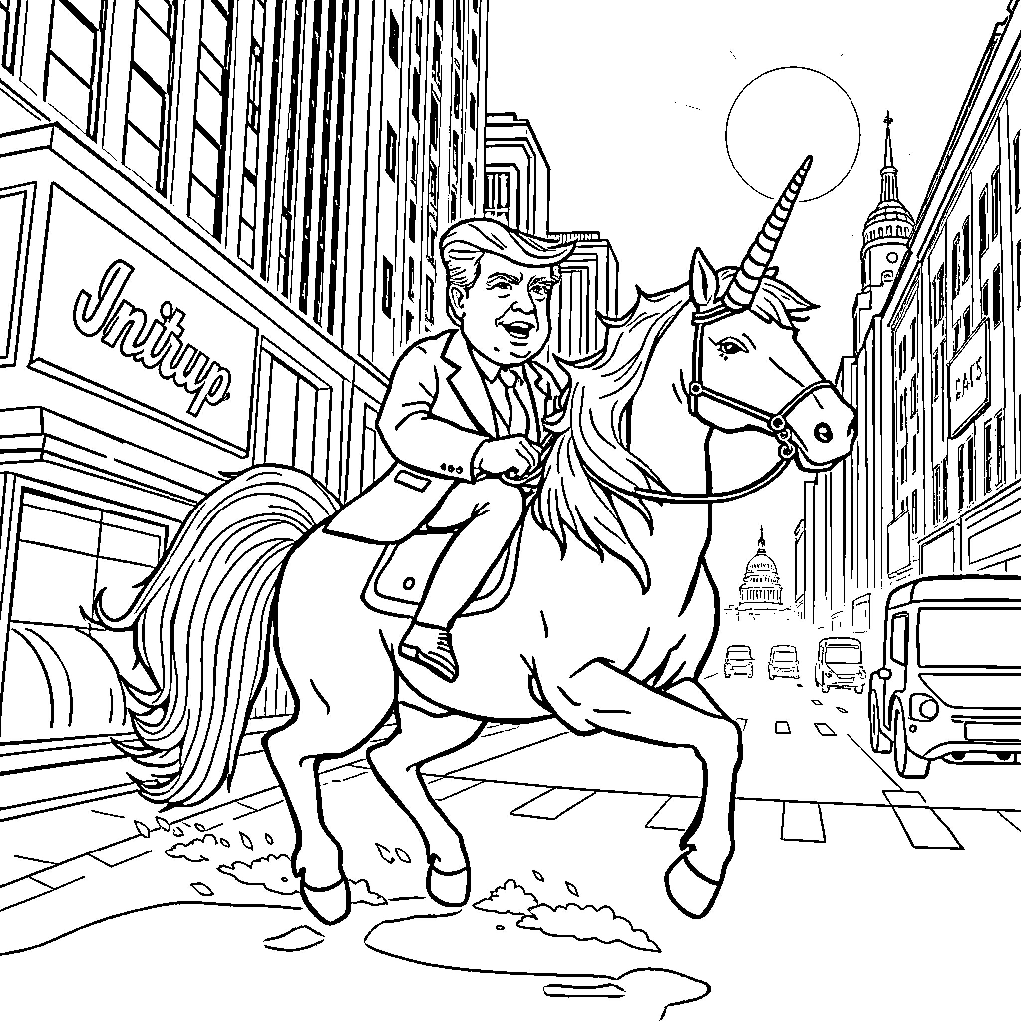 Donald Trump riding a unicorn through the city Coloring Page (free black-and-white line drawing printable PDF for all, from beginners to advanced learners, including children, teens, adults, and seniors)
