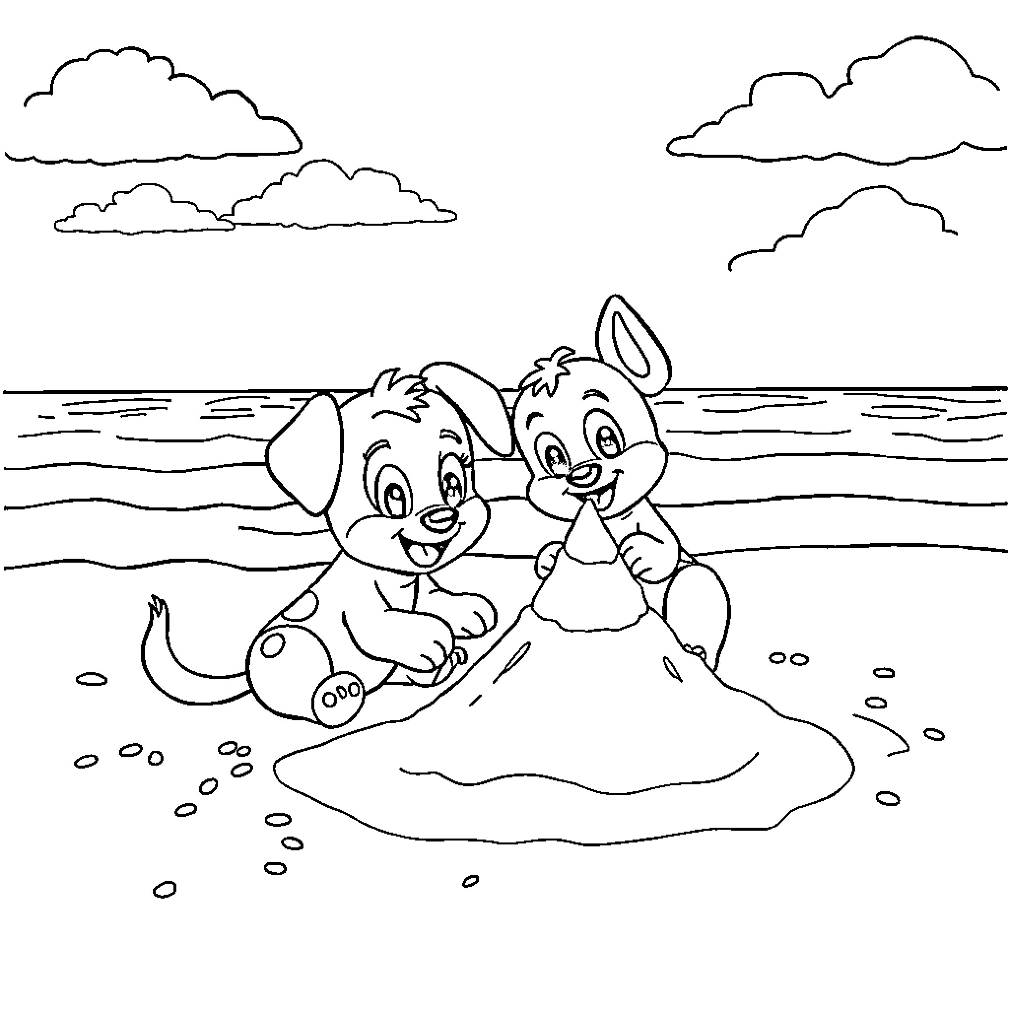 Bluey and friends playing on the beach Coloring Page (free black-and-white line drawing printable PDF for all, from beginners to advanced learners, including children, teens, adults, and seniors)
