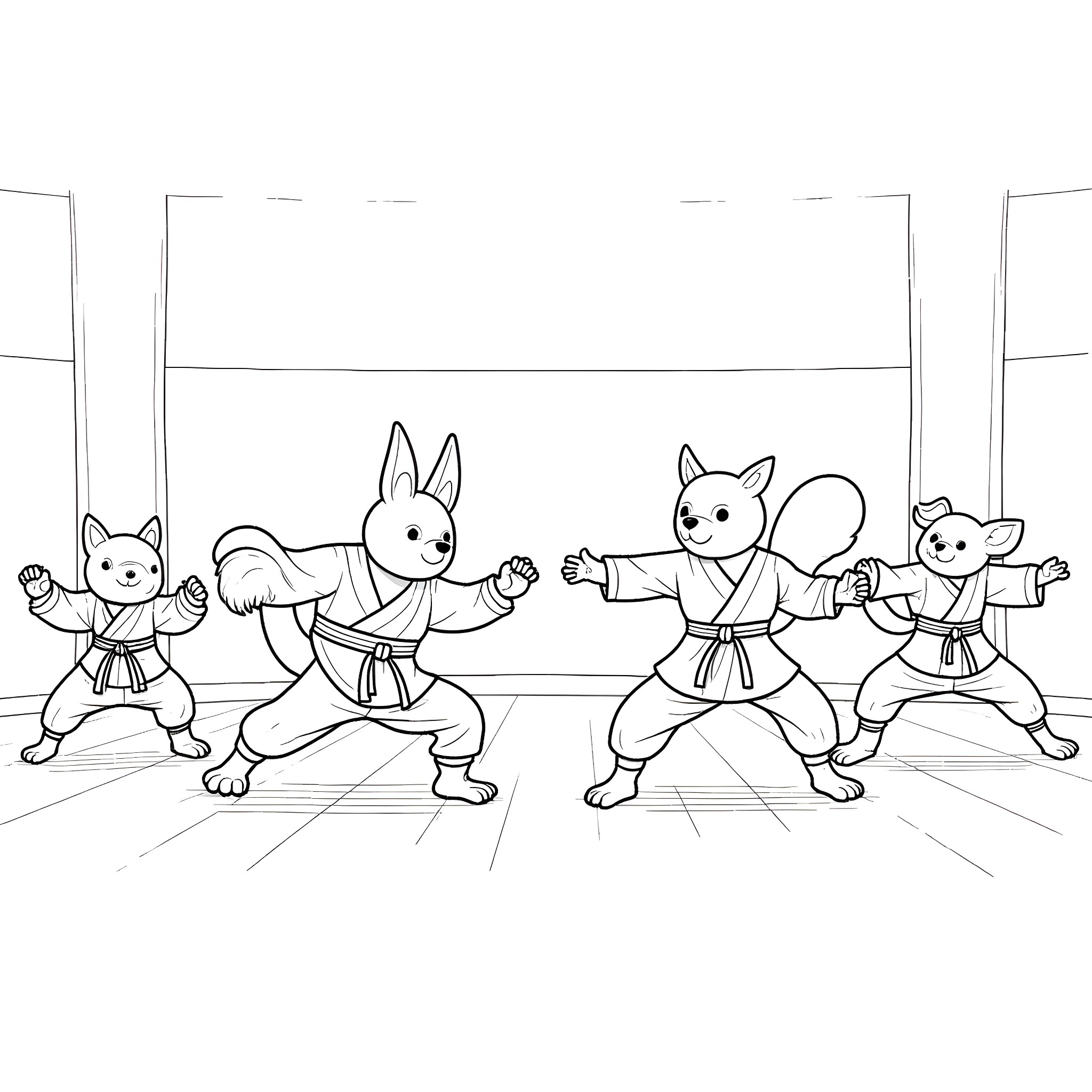 Animals practicing martial arts in a dojo Coloring Page (free black-and-white line drawing printable PDF for all, from beginners to advanced learners, including children, teens, adults, and seniors)