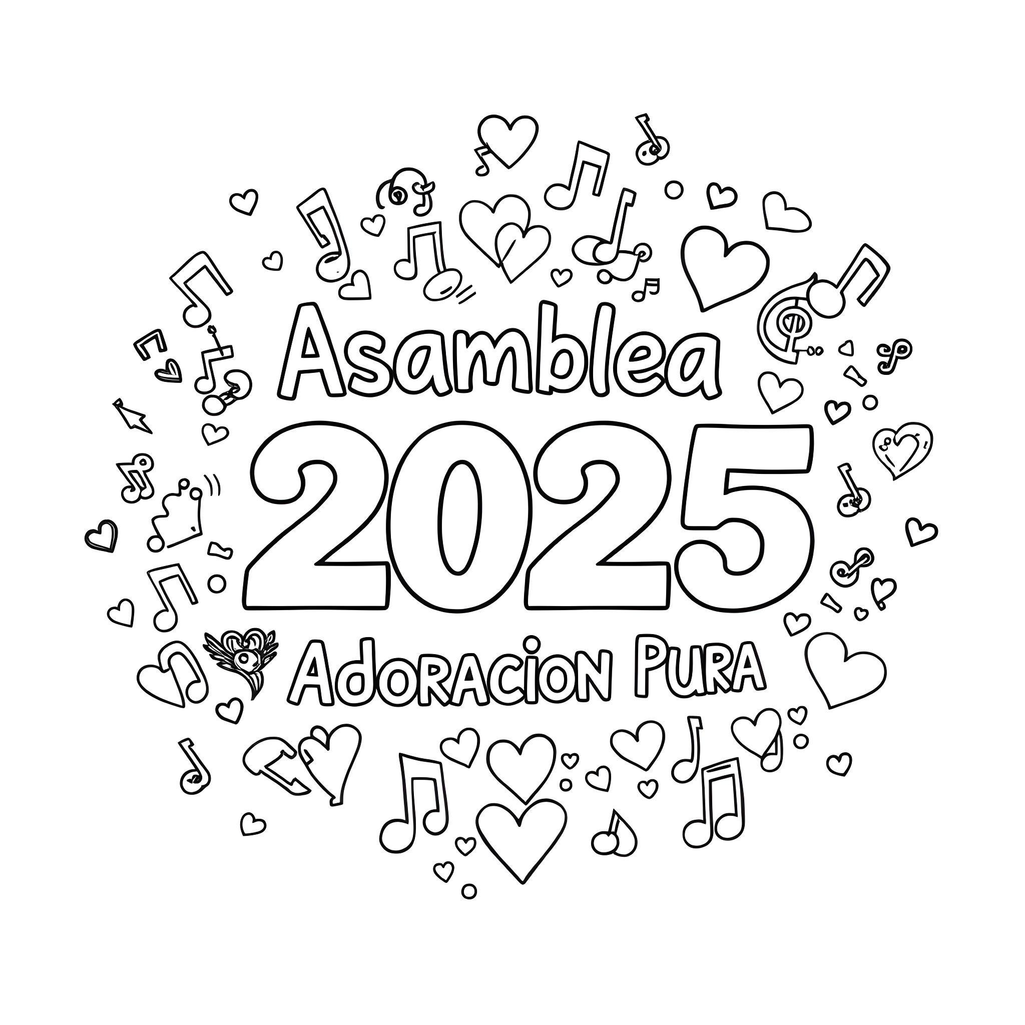 Text about Asamblea 2025 with musical notes and hearts Coloring Page (free black-and-white line drawing printable PDF for all, from beginners to advanced learners, including children, teens, adults, and seniors)