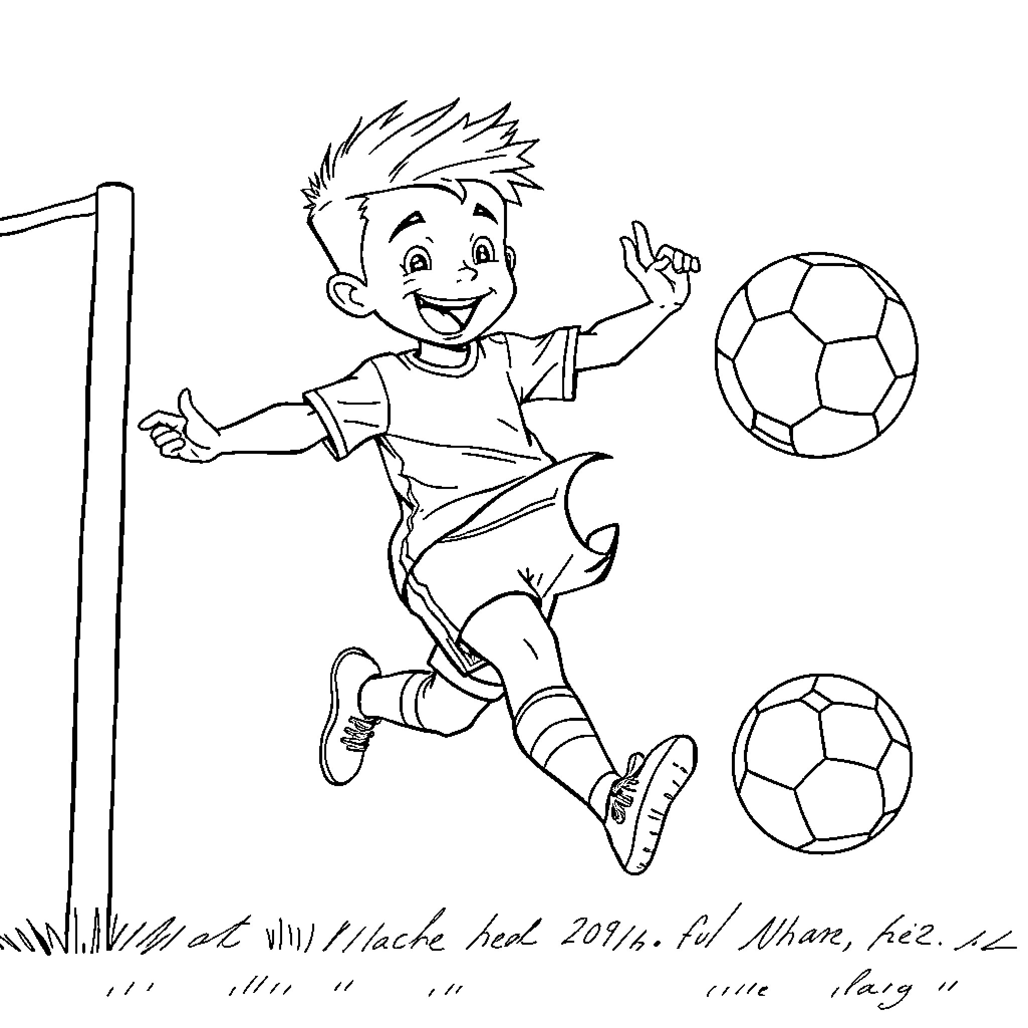 Boy playing happily with soccer balls on the field Coloring Page (free black-and-white line drawing printable PDF for all, from beginners to advanced learners, including children, teens, adults, and seniors)