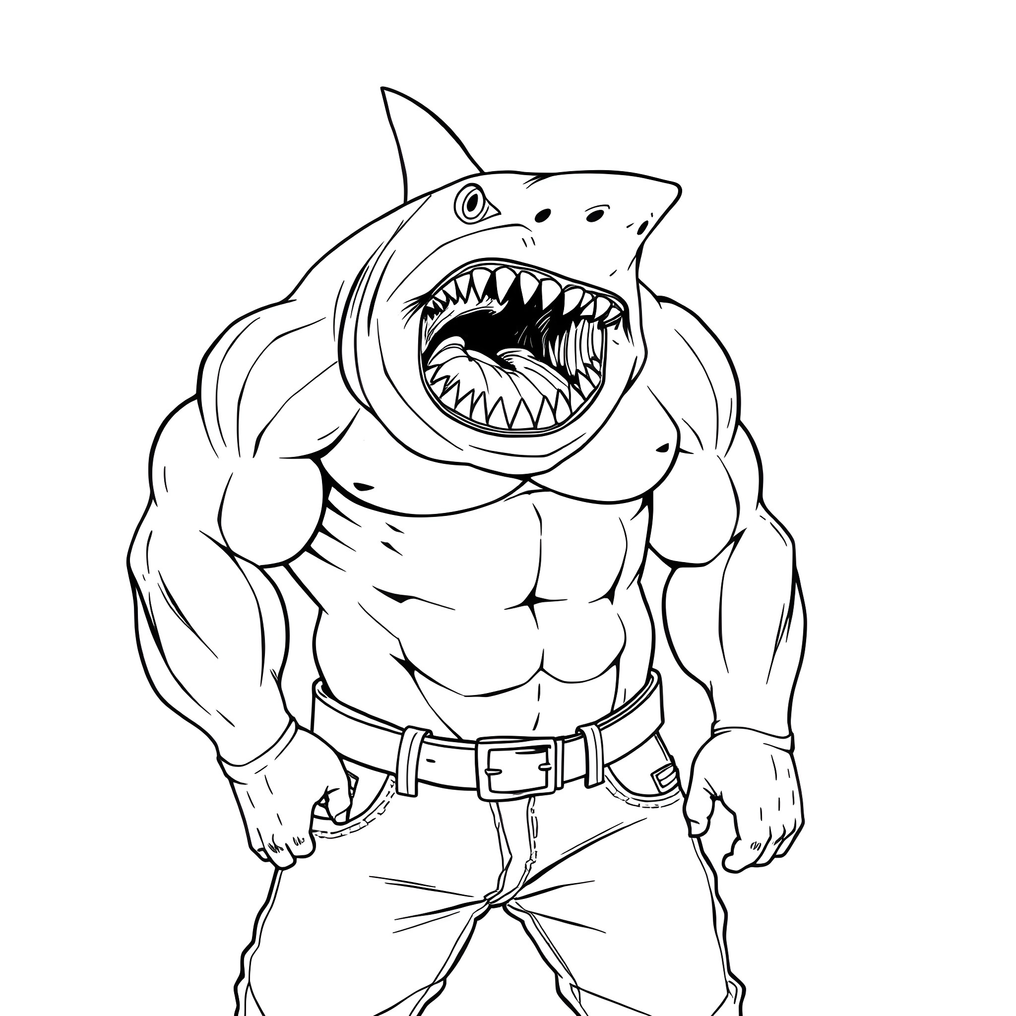 Shark displaying fierce expression Coloring Page (free black-and-white line drawing printable PDF for all, from beginners to advanced learners, including children, teens, adults, and seniors)