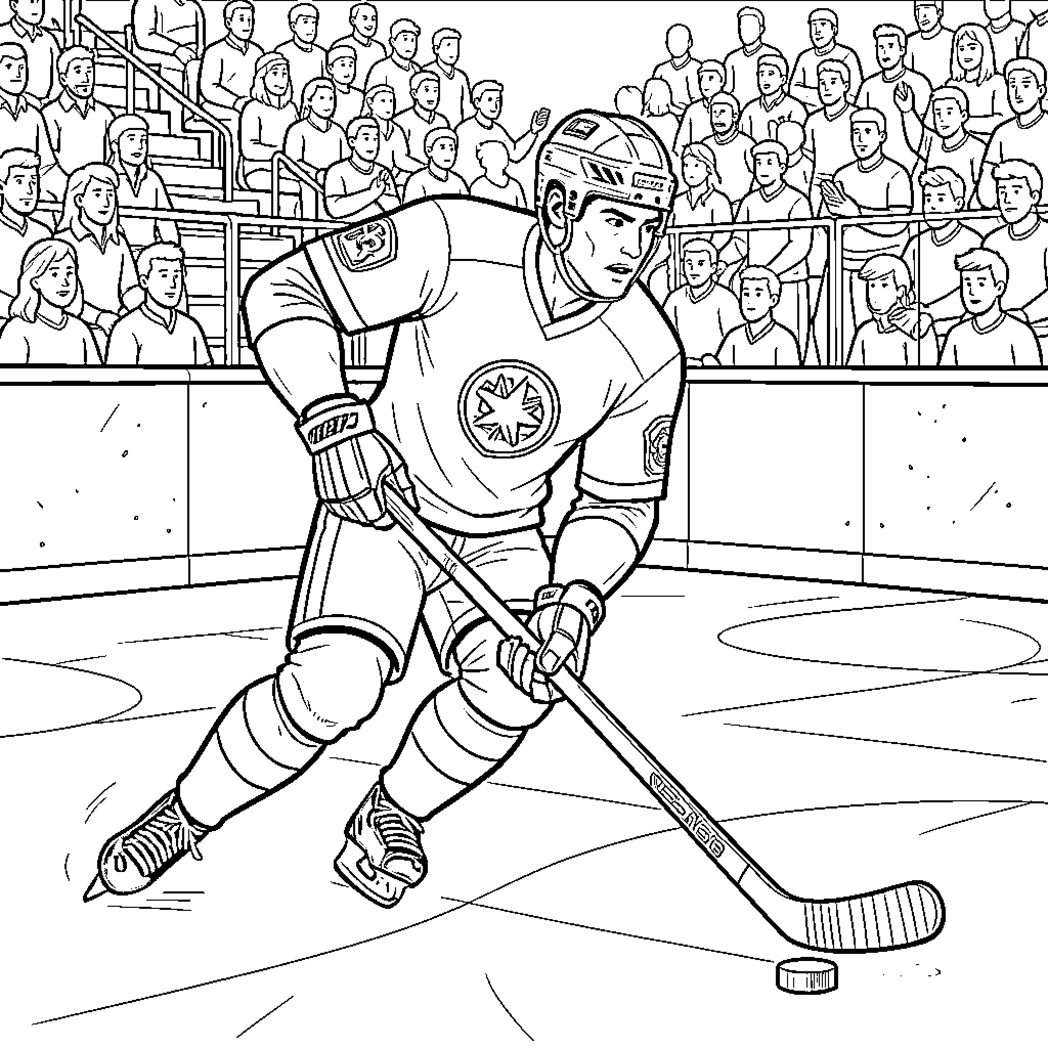 Ronaldo playing ice hockey in a crowded arena Coloring Page (free black-and-white line drawing printable PDF for all, from beginners to advanced learners, including children, teens, adults, and seniors)