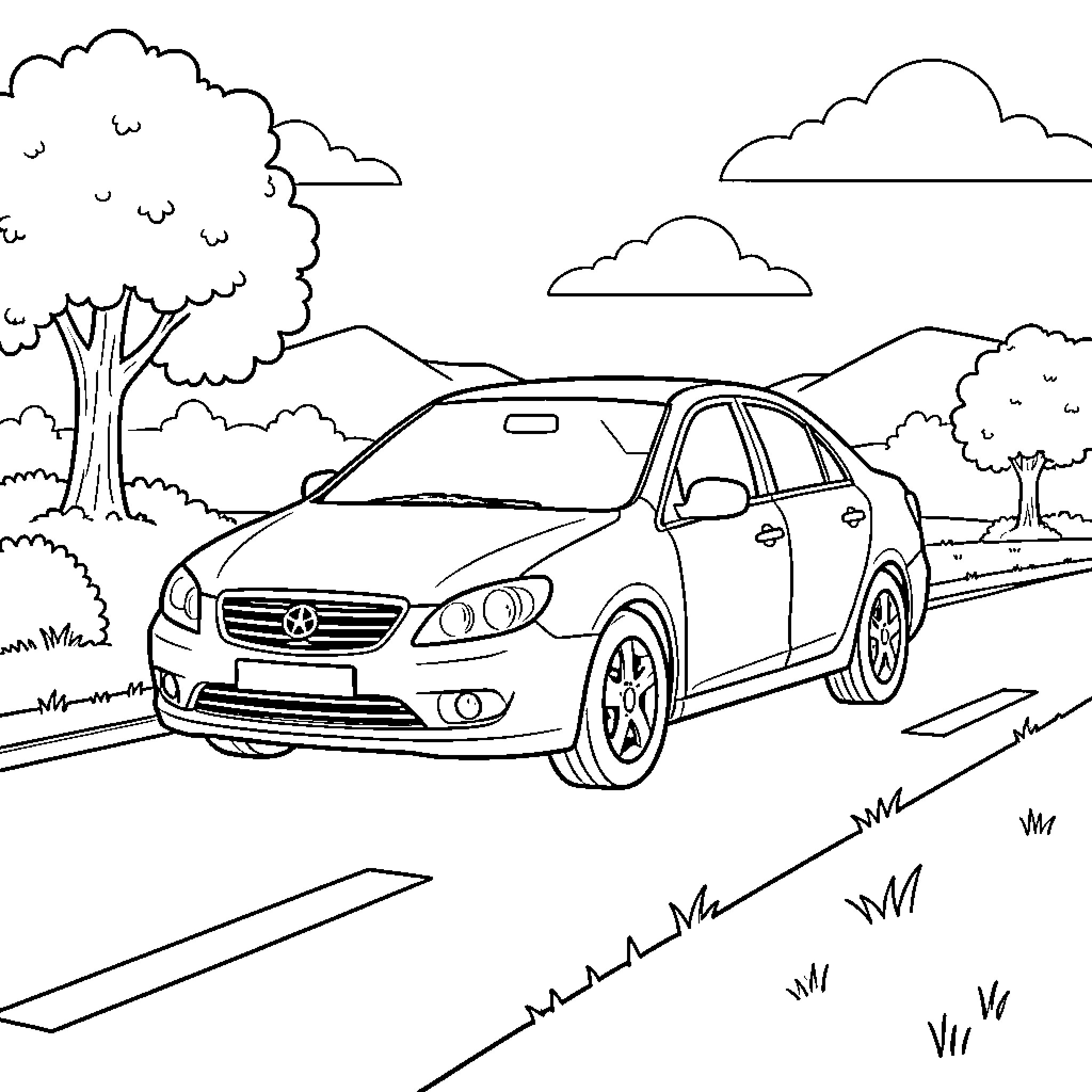 Car driving along a scenic road through hills Coloring Page (free black-and-white line drawing printable PDF for all, from beginners to advanced learners, including children, teens, adults, and seniors)