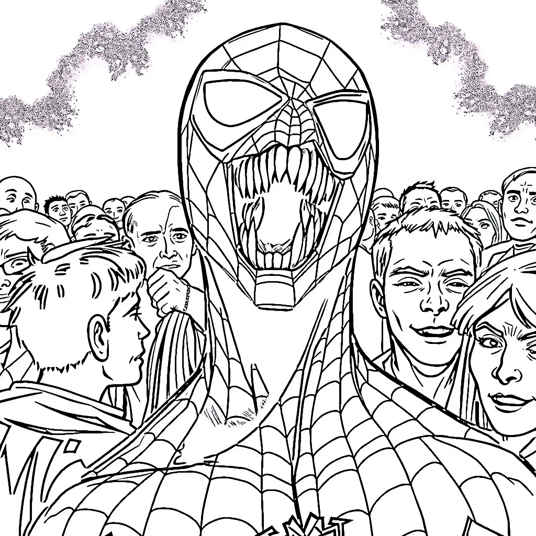 Spiderman faces off against the crowd Coloring Page (free black-and-white line drawing printable PDF for all, from beginners to advanced learners, including children, teens, adults, and seniors)