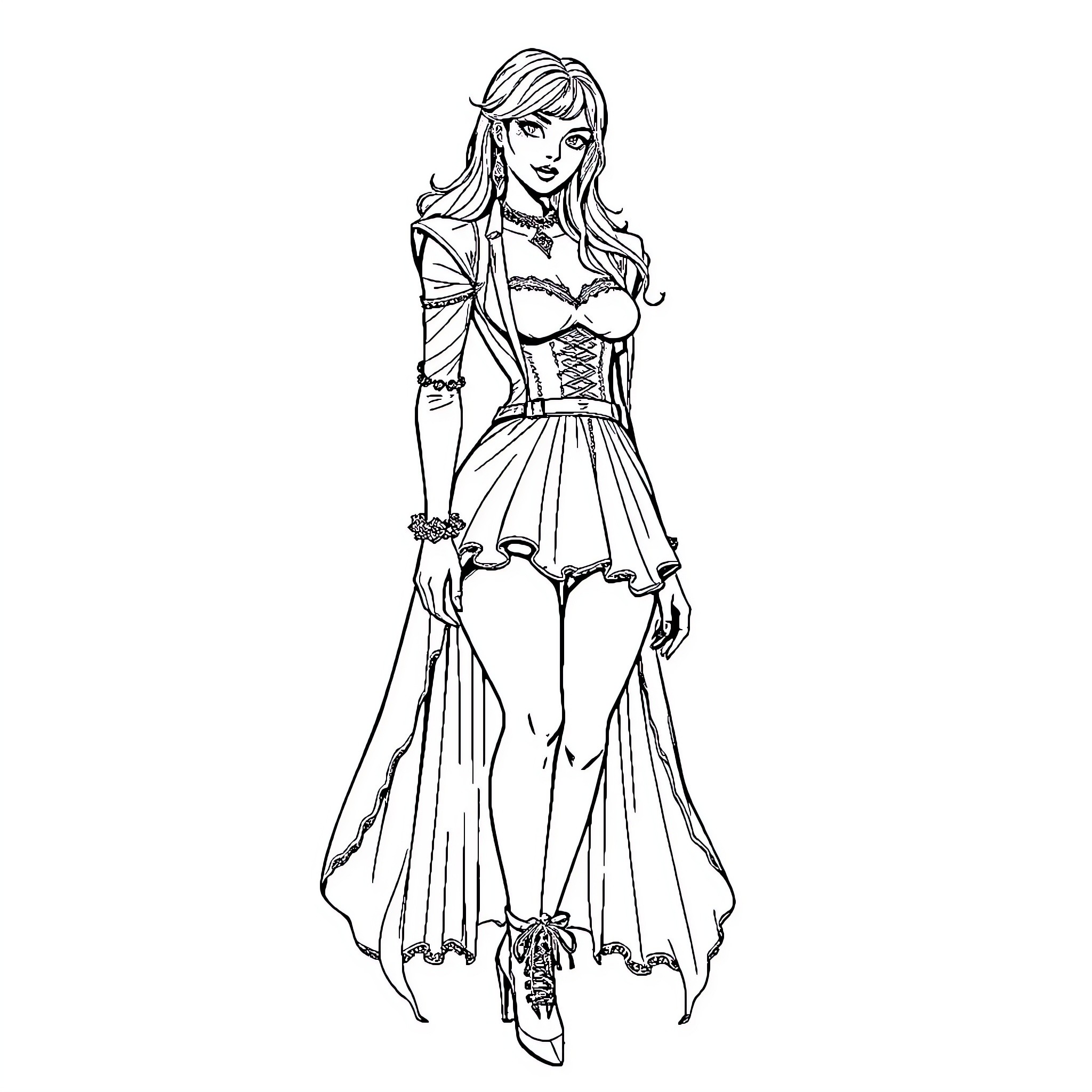 Goth Girl in Elaborate Gothic Attire Coloring Page (free black-and-white line drawing printable PDF for all, from beginners to advanced learners, including children, teens, adults, and seniors)