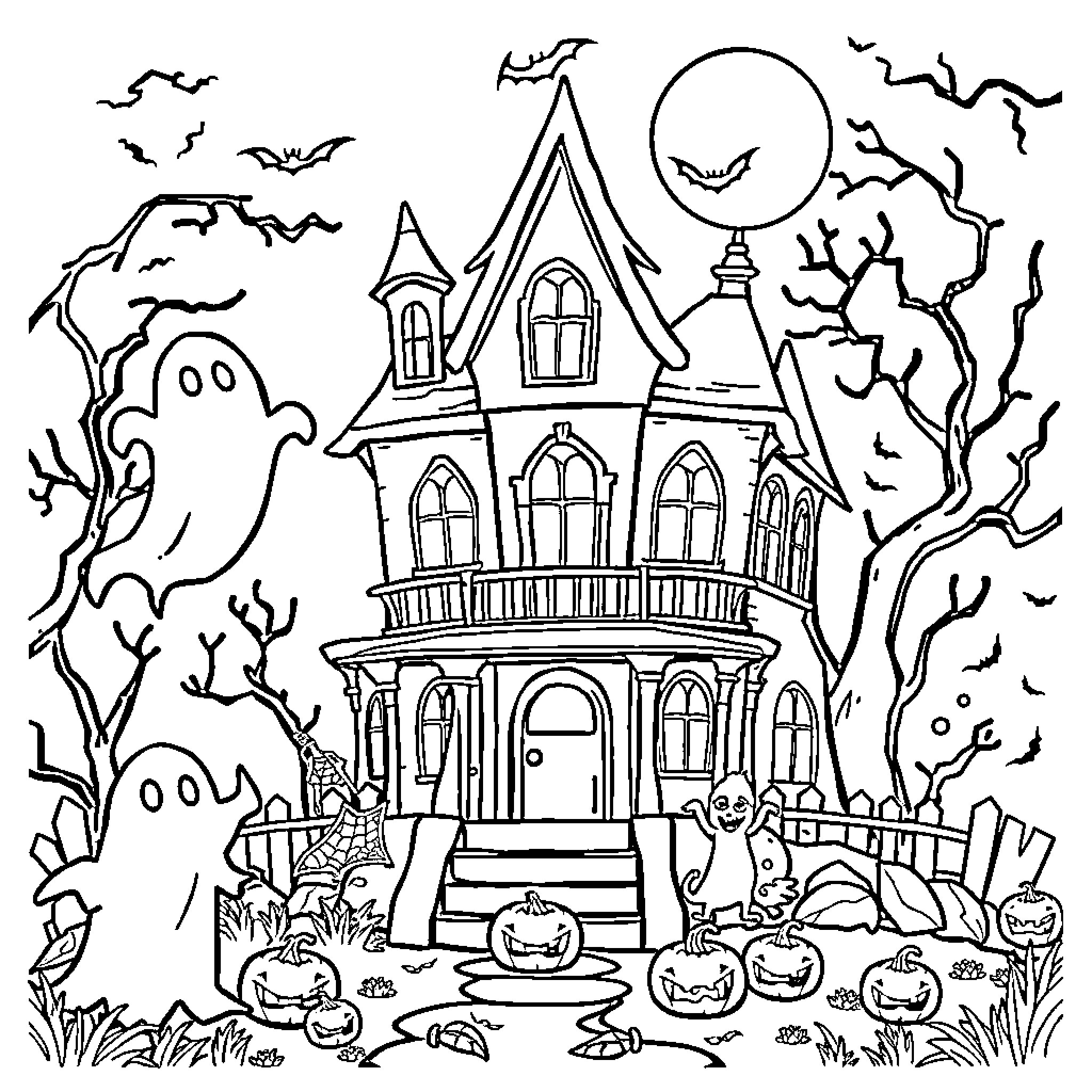Haunted Mansion with Spooky Decor and Ghostly Figures Coloring Page (free black-and-white line drawing printable PDF for all, from beginners to advanced learners, including children, teens, adults, and seniors)
