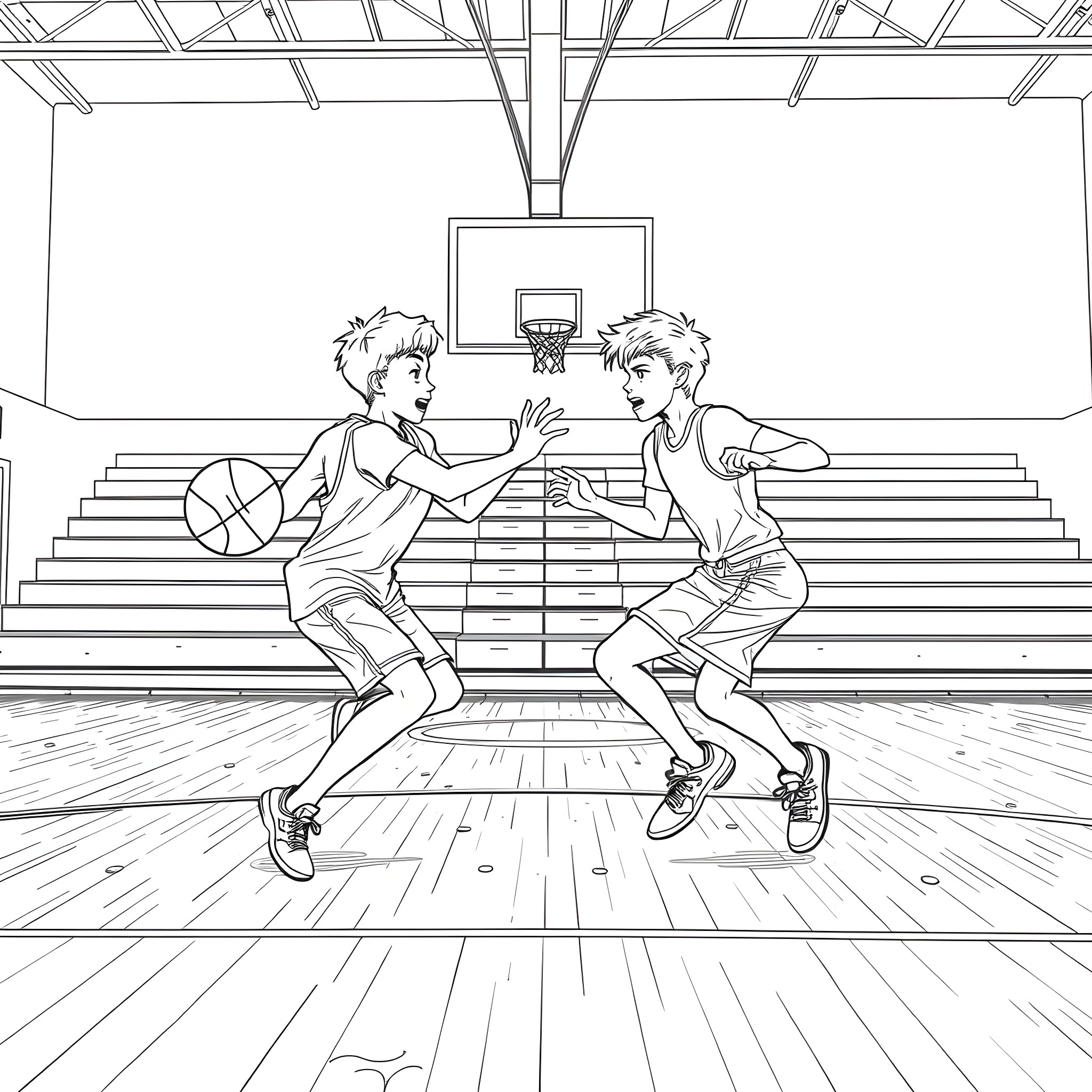 Teen Guys Playing Basketball in Gym Coloring Page (free black-and-white line drawing printable PDF for all, from beginners to advanced learners, including children, teens, adults, and seniors)