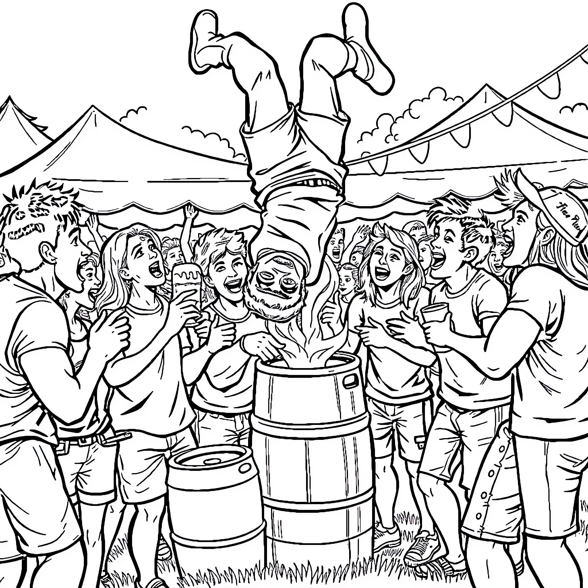 Guy Crowd Enjoying Outdoor Music Festival Coloring Page (free black-and-white line drawing printable PDF for all, from beginners to advanced learners, including children, teens, adults, and seniors)