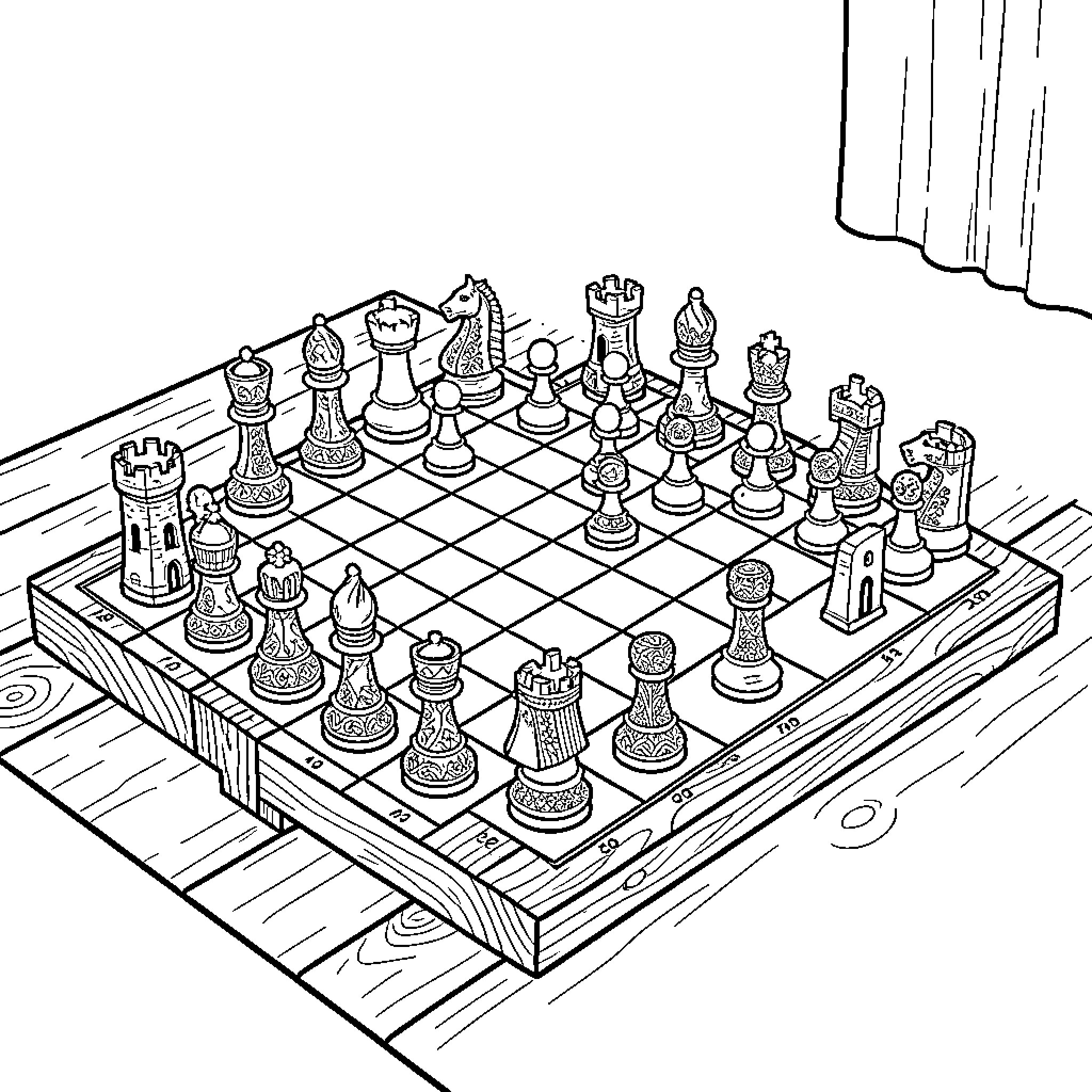 Chess game with detailed chess pieces Coloring Page (free black-and-white line drawing printable PDF for all, from beginners to advanced learners, including children, teens, adults, and seniors)