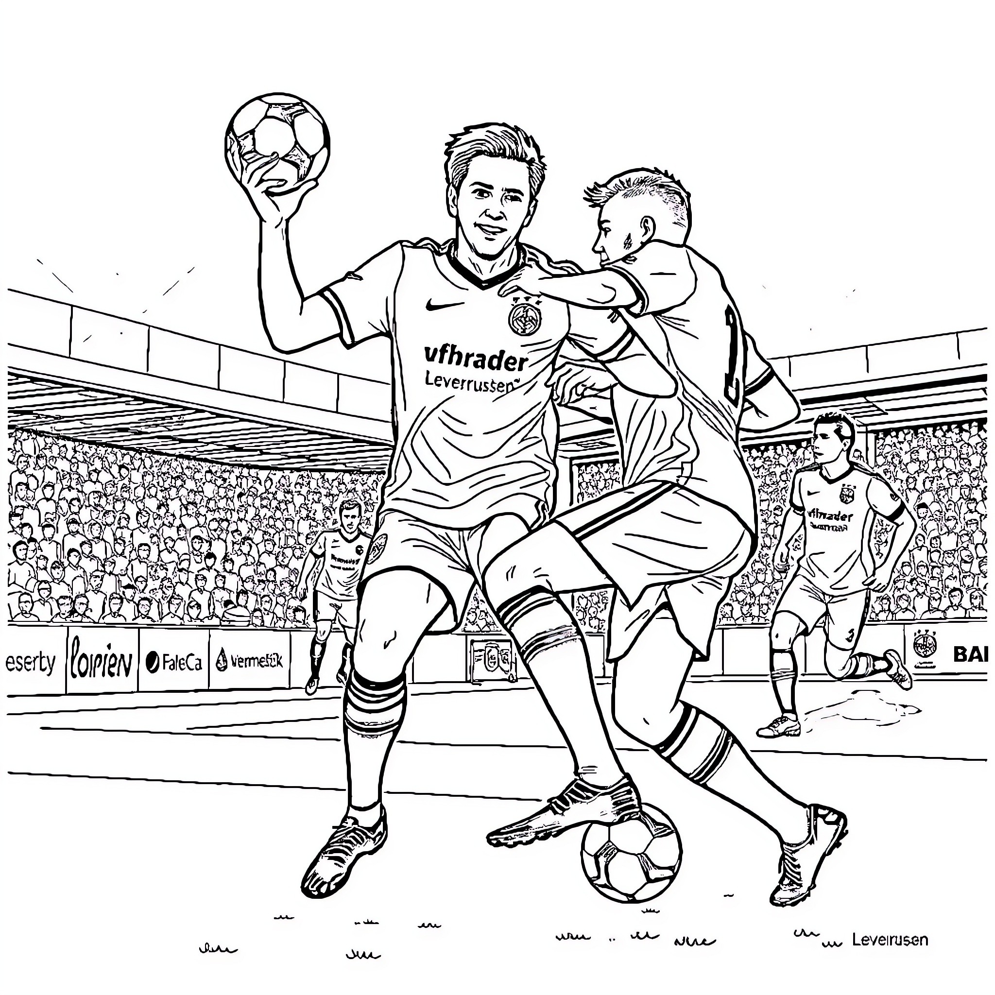 Bayer 04 Leverkusen players competing on the field Coloring Page (free black-and-white line drawing printable PDF for all, from beginners to advanced learners, including children, teens, adults, and seniors)