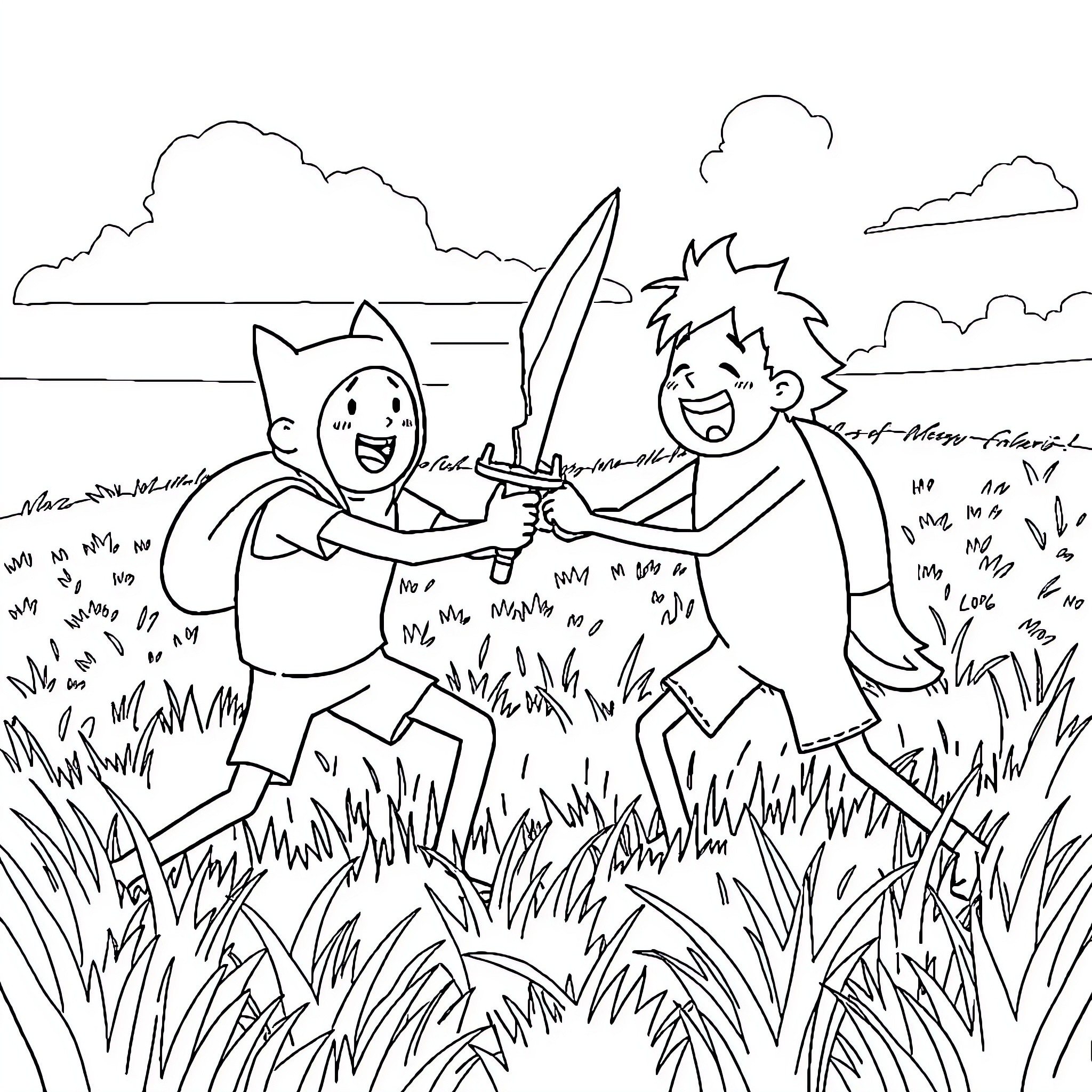Finn and Jake playing in the grassy field Coloring Page (free black-and-white line drawing printable PDF for all, from beginners to advanced learners, including children, teens, adults, and seniors)