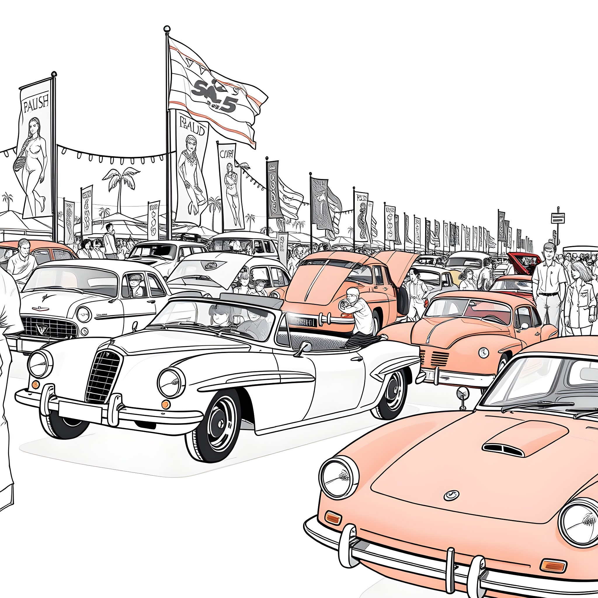 Car Show with Vintage and Classic Vehicles on Display Coloring Page (free black-and-white line drawing printable PDF for all, from beginners to advanced learners, including children, teens, adults, and seniors)