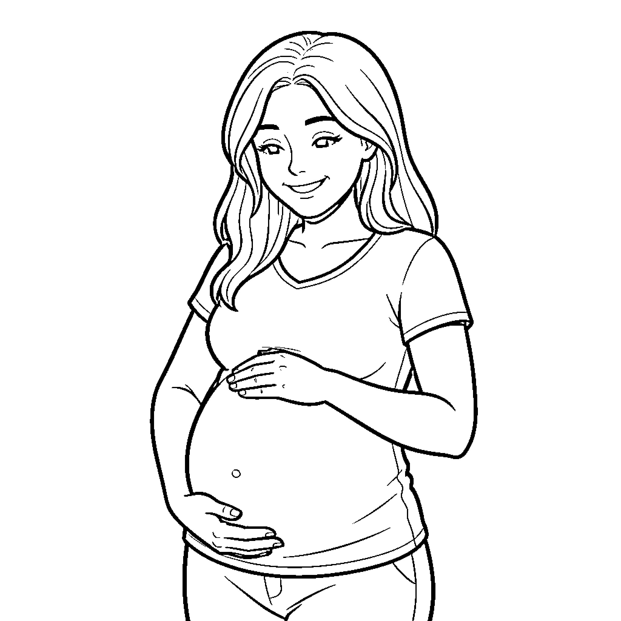 Pregnant Woman smiling while holding her belly Coloring Page (free black-and-white line drawing printable PDF for all, from beginners to advanced learners, including children, teens, adults, and seniors)