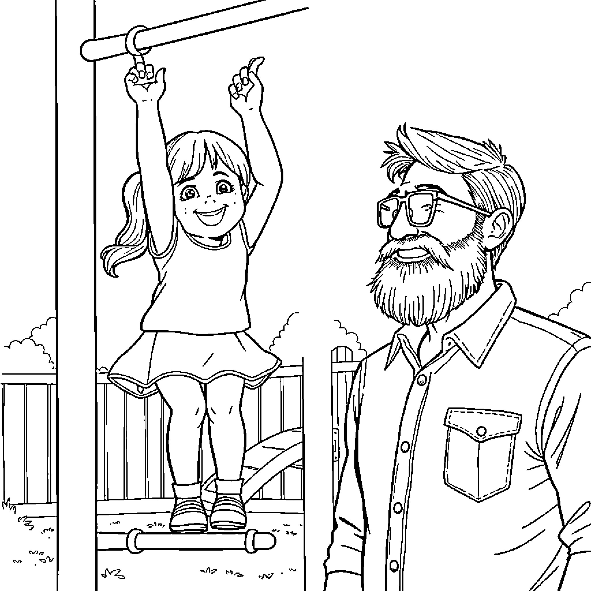 Girl reaching for the sky with a smiling adult Coloring Page (free black-and-white line drawing printable PDF for all, from beginners to advanced learners, including children, teens, adults, and seniors)