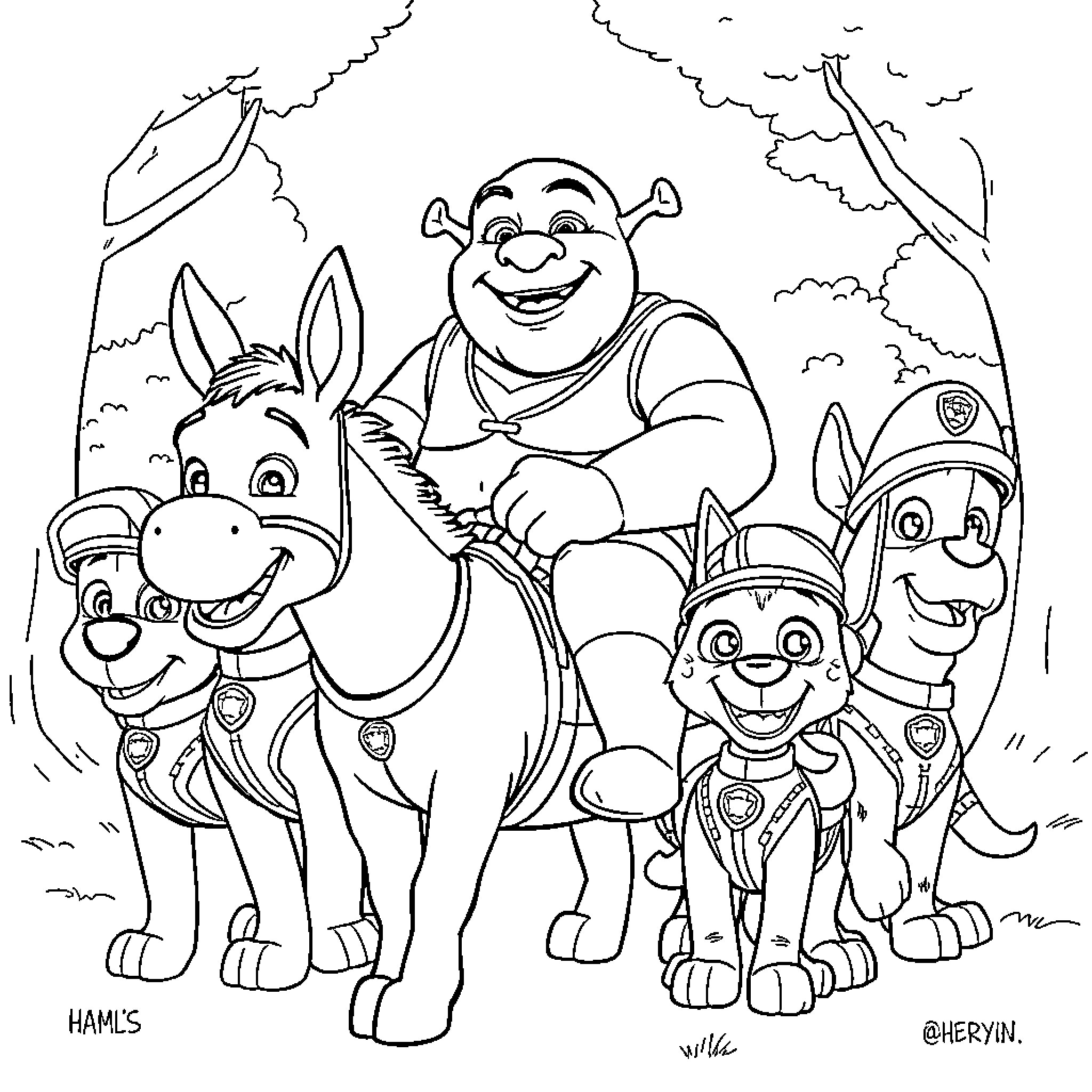 Shrek and friends explore the forest happily Coloring Page (free black-and-white line drawing printable PDF for all, from beginners to advanced learners, including children, teens, adults, and seniors)