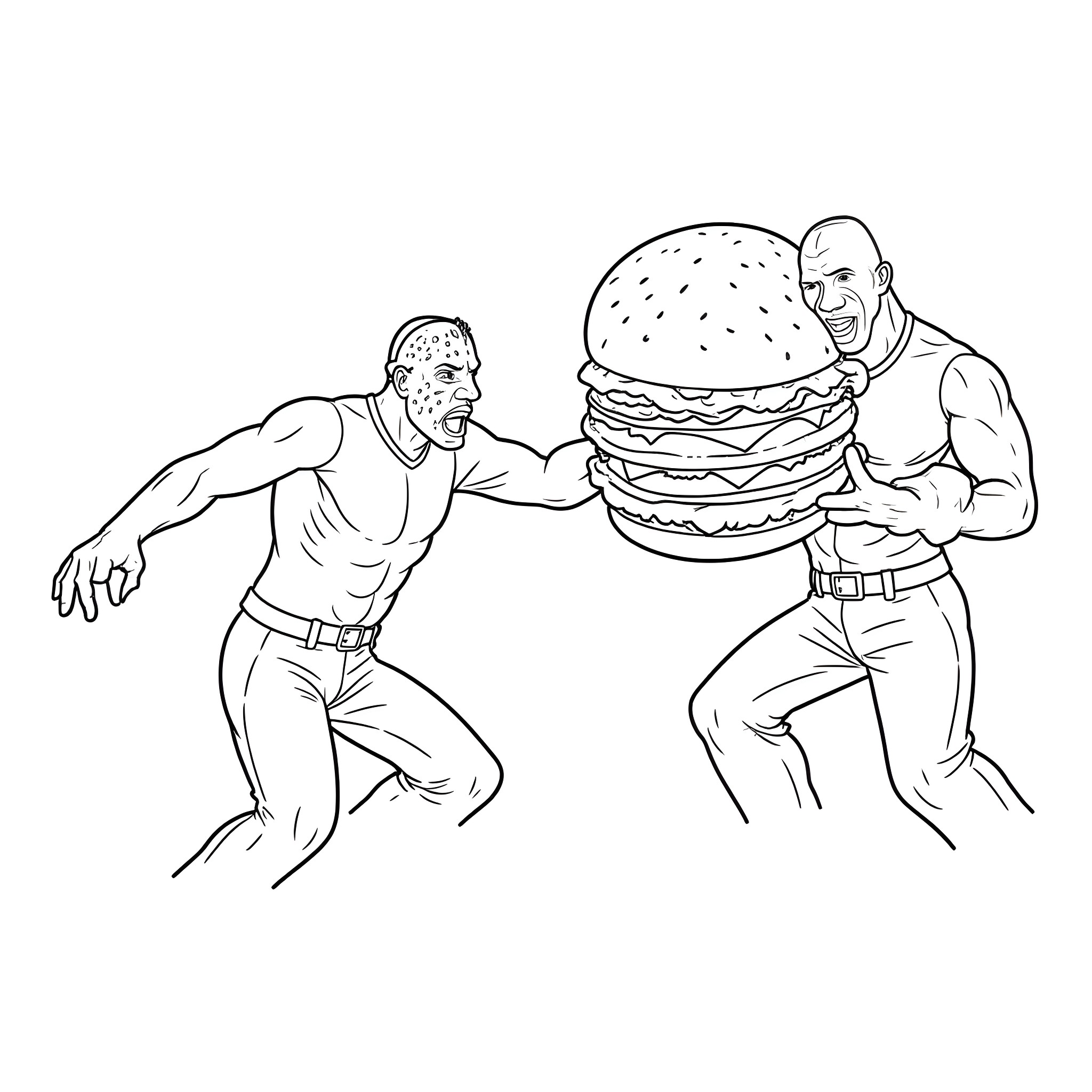 Jason Voorhees attacks with a giant burger Coloring Page (free black-and-white line drawing printable PDF for all, from beginners to advanced learners, including children, teens, adults, and seniors)