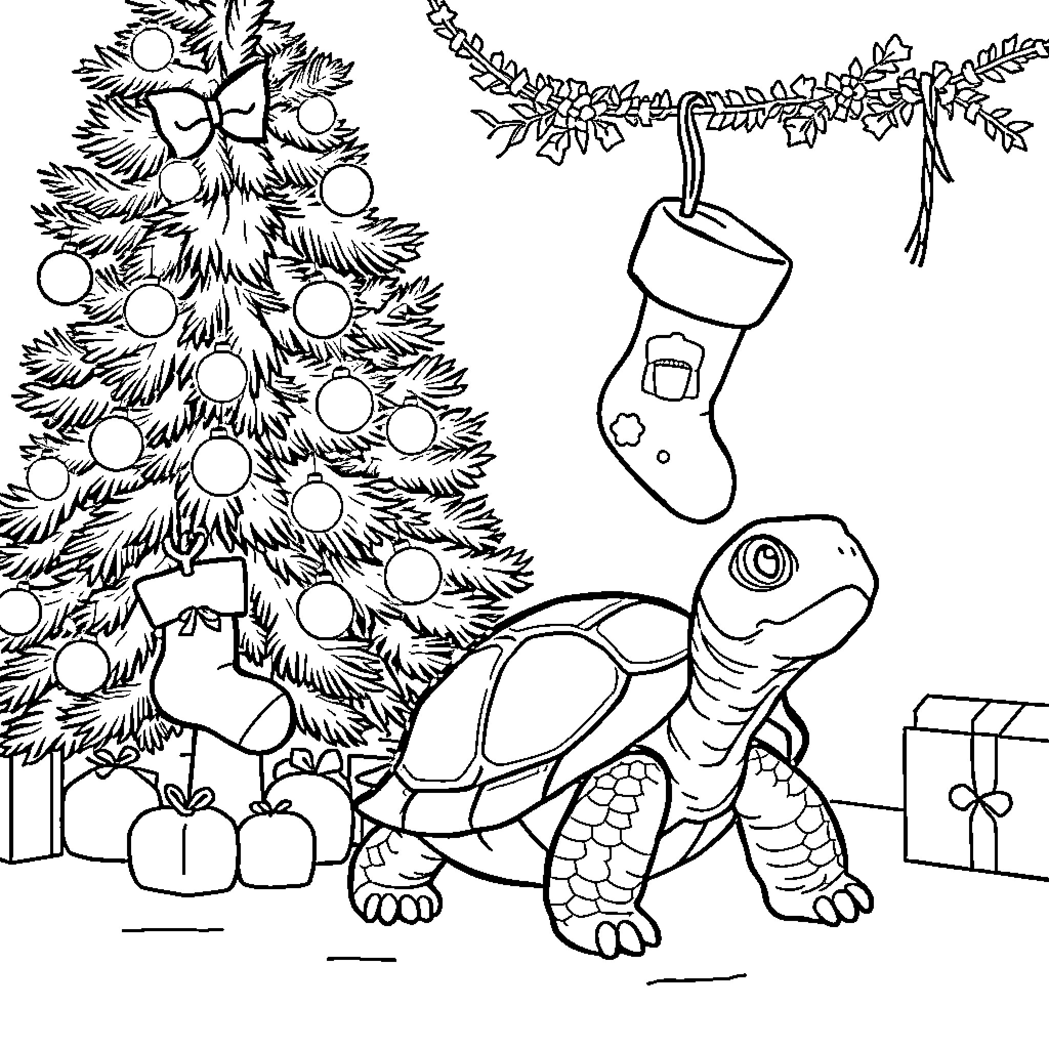 Tortoise Enjoying Holiday Festivities Coloring Page (free black-and-white line drawing printable PDF for all, from beginners to advanced learners, including children, teens, adults, and seniors)