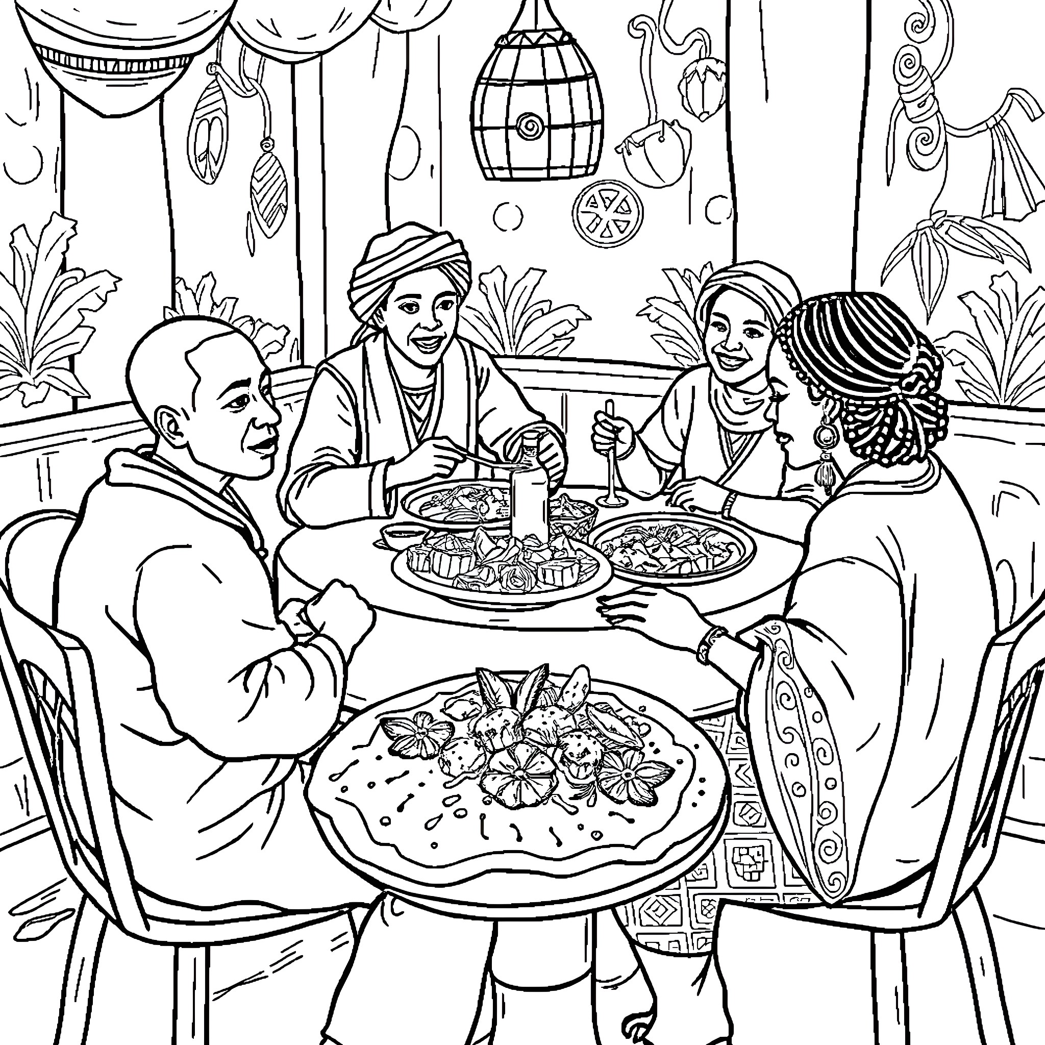 Food shared among friends in a cozy setting Coloring Page (free black-and-white line drawing printable PDF for all, from beginners to advanced learners, including children, teens, adults, and seniors)