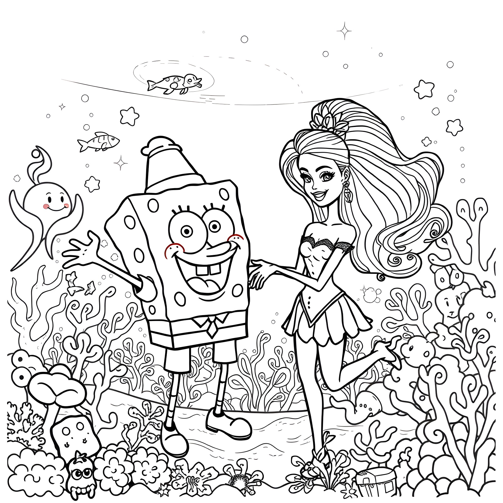 Spongebob and Princess Exploring the Underwater World Coloring Page (free black-and-white line drawing printable PDF for all, from beginners to advanced learners, including children, teens, adults, and seniors)