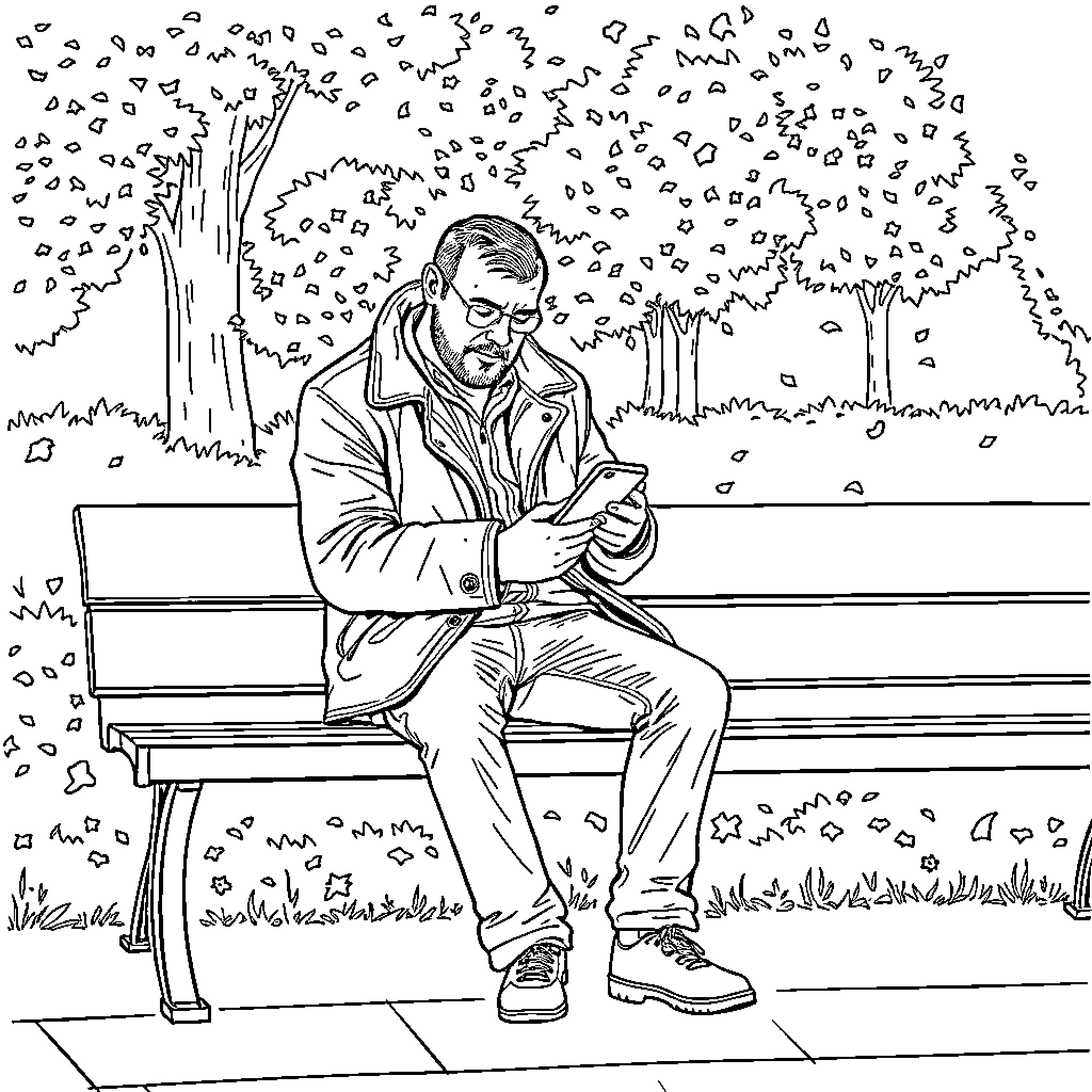 Bald Man Sitting Alone and Focused on Phone Coloring Page (free black-and-white line drawing printable PDF for all, from beginners to advanced learners, including children, teens, adults, and seniors)