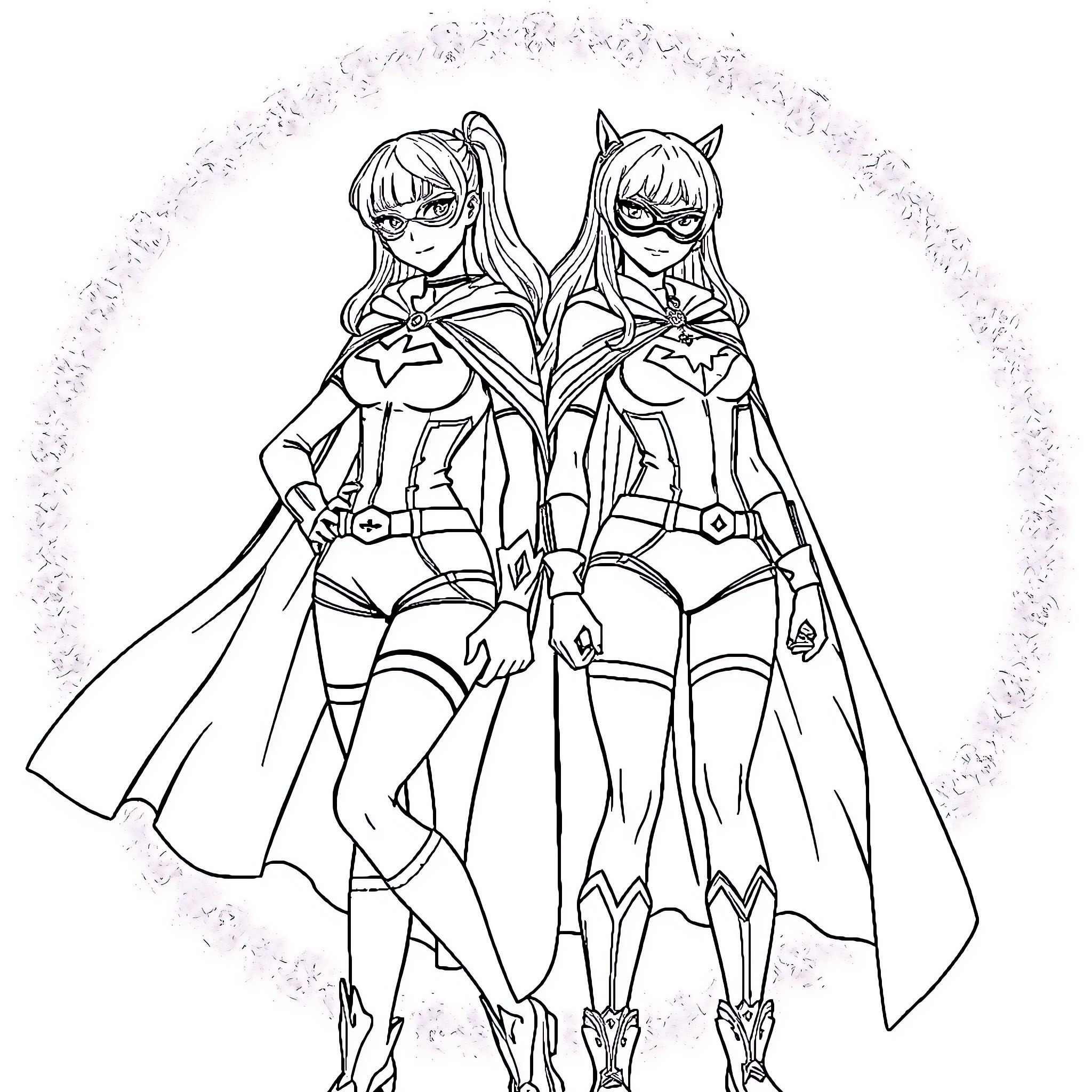 Black Pink Anime-Inspired Heroines in Stylized Poses Coloring Page (free black-and-white line drawing printable PDF for all, from beginners to advanced learners, including children, teens, adults, and seniors)