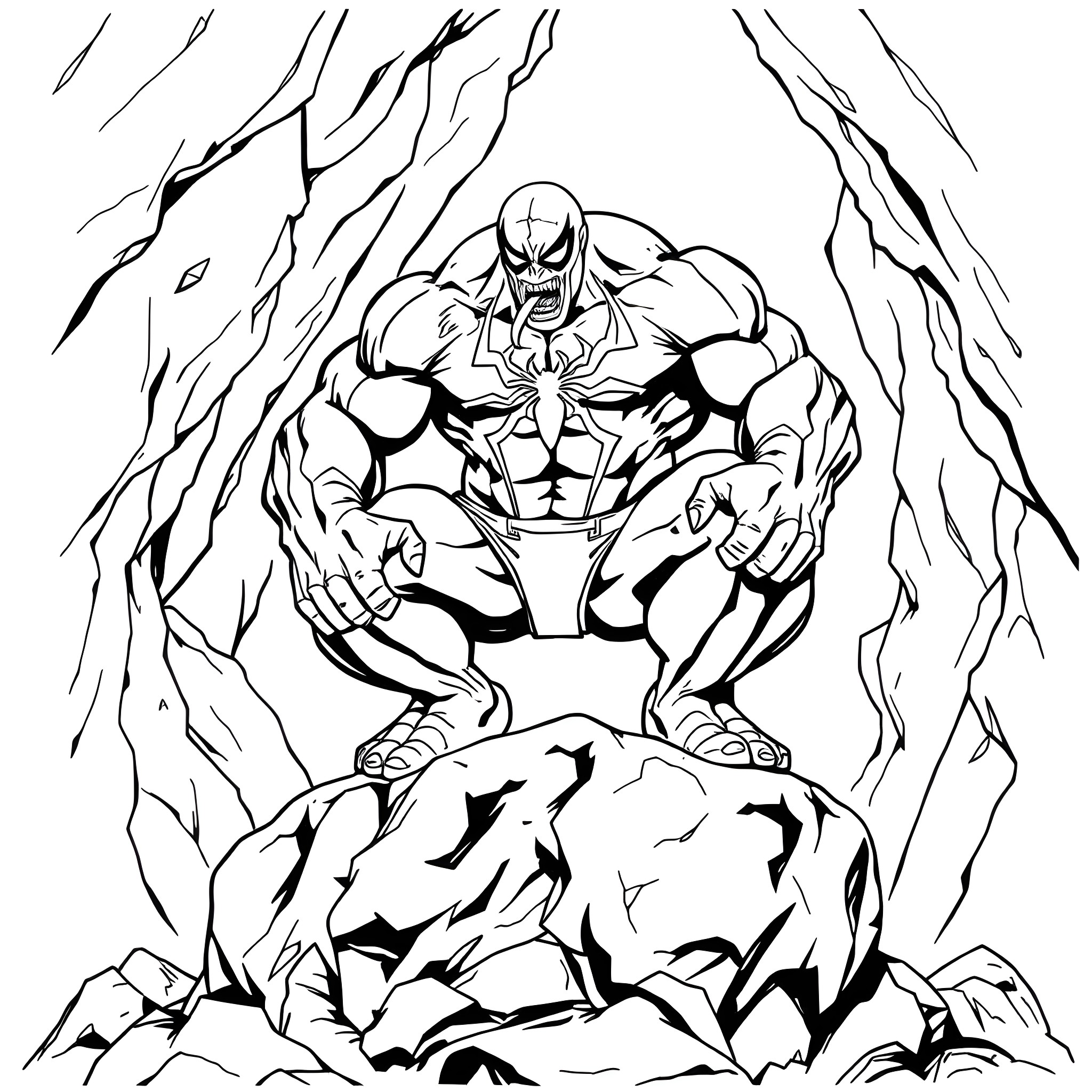 Venom breaking through the rocks Coloring Page (free black-and-white line drawing printable PDF for all, from beginners to advanced learners, including children, teens, adults, and seniors)