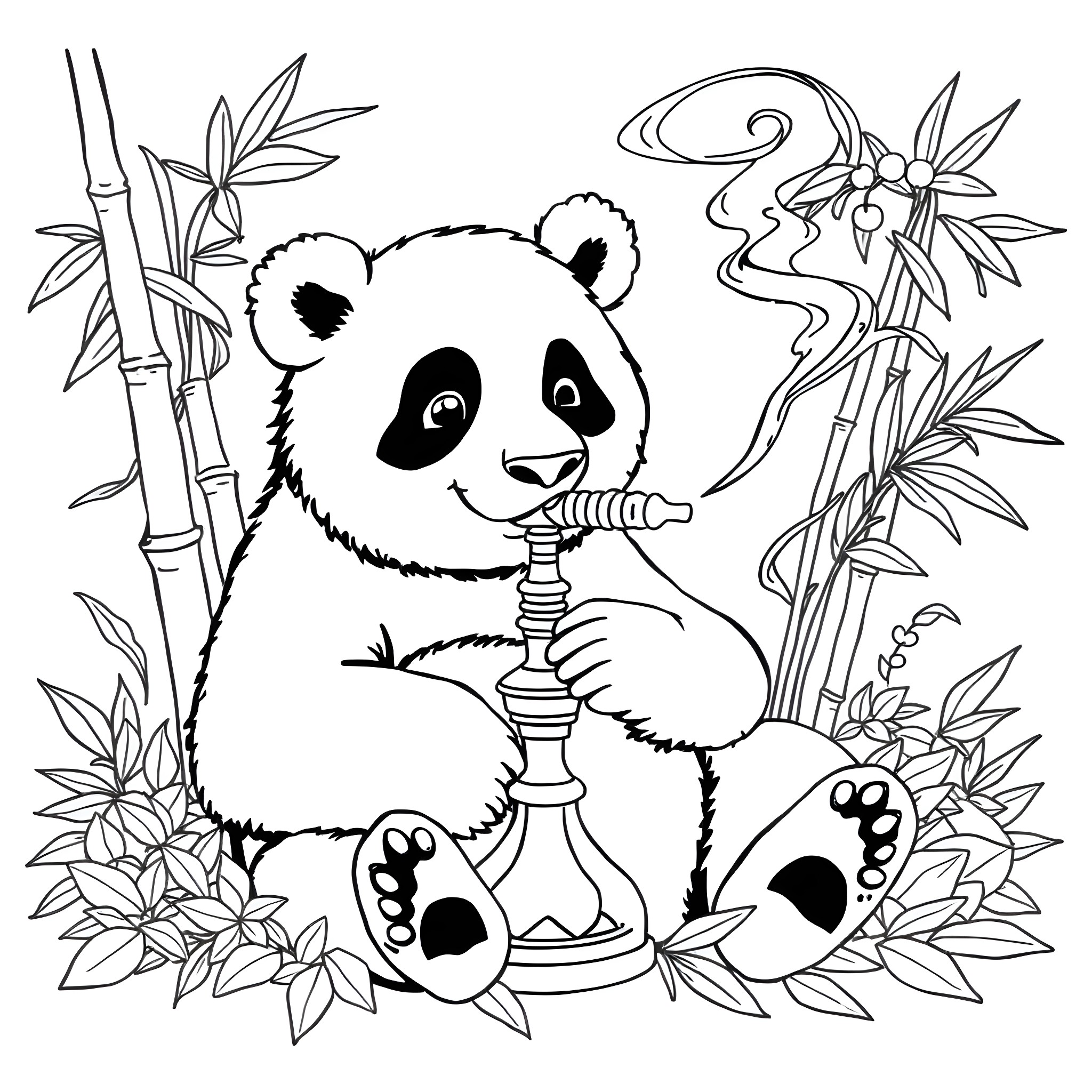 Panda enjoying a peaceful moment in the bamboo forest Coloring Page (free black-and-white line drawing printable PDF for all, from beginners to advanced learners, including children, teens, adults, and seniors)