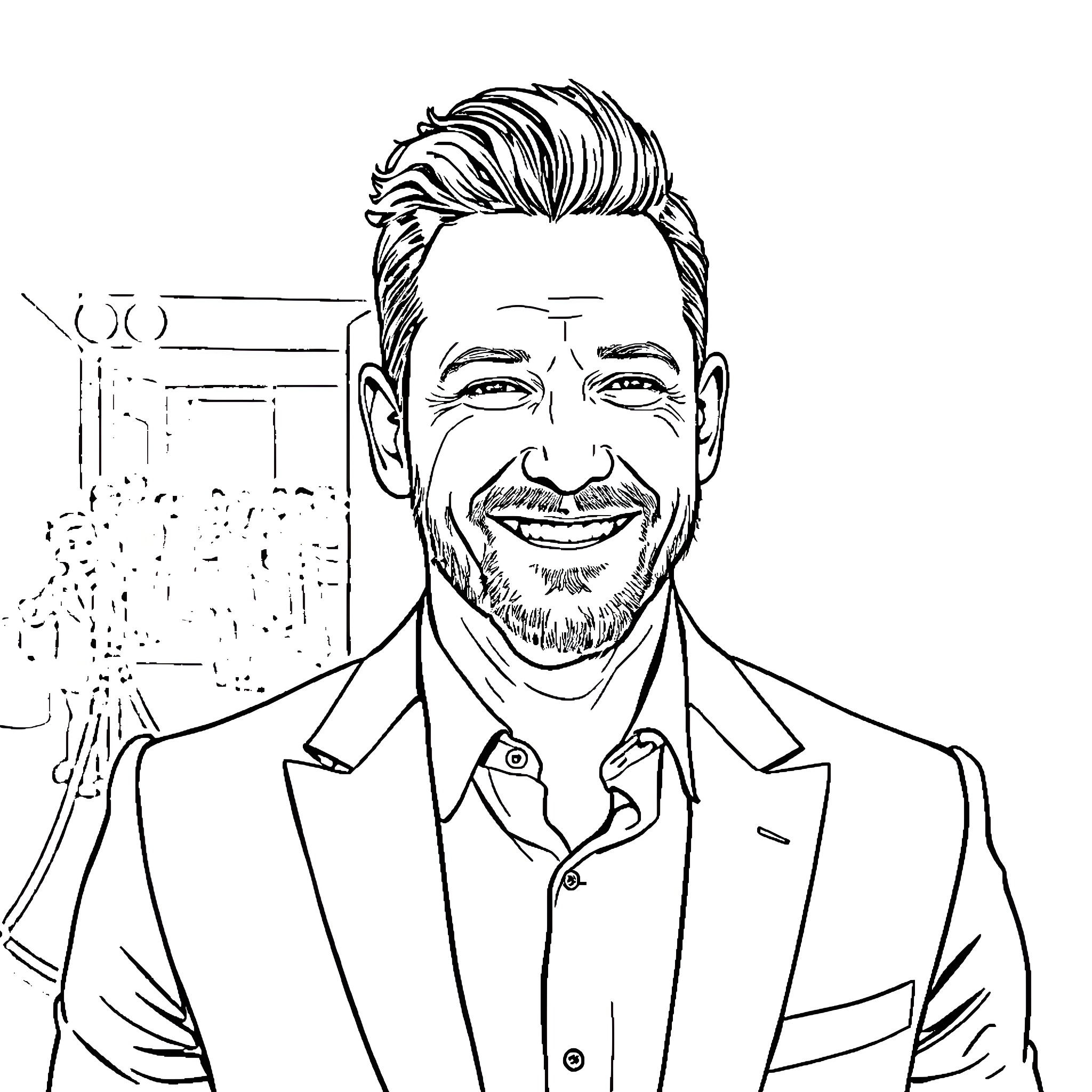 Tom Hardy's Dapper Suit and Charming Smile Coloring Page (free black-and-white line drawing printable PDF for all, from beginners to advanced learners, including children, teens, adults, and seniors)