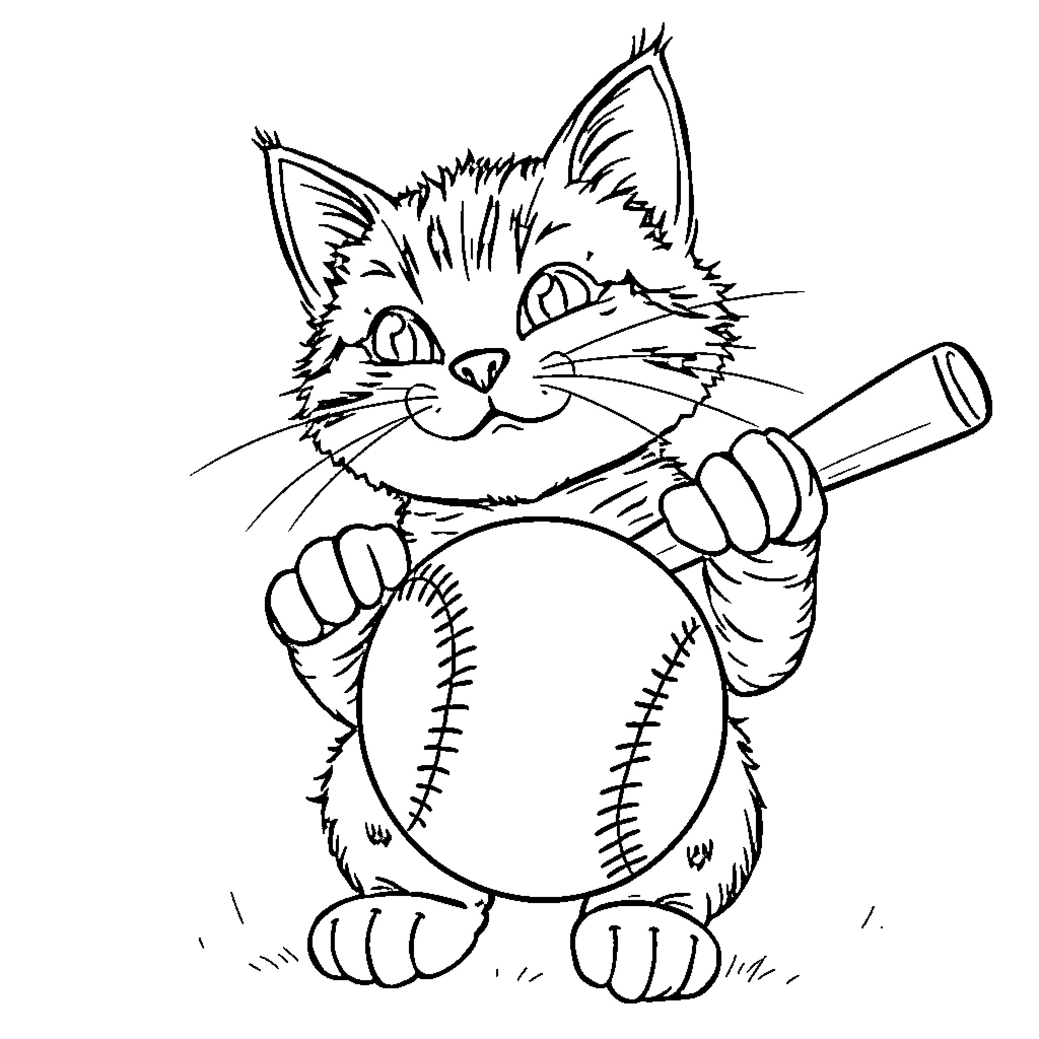 Cat playing with baseball Coloring Page (free black-and-white line drawing printable PDF for all, from beginners to advanced learners, including children, teens, adults, and seniors)