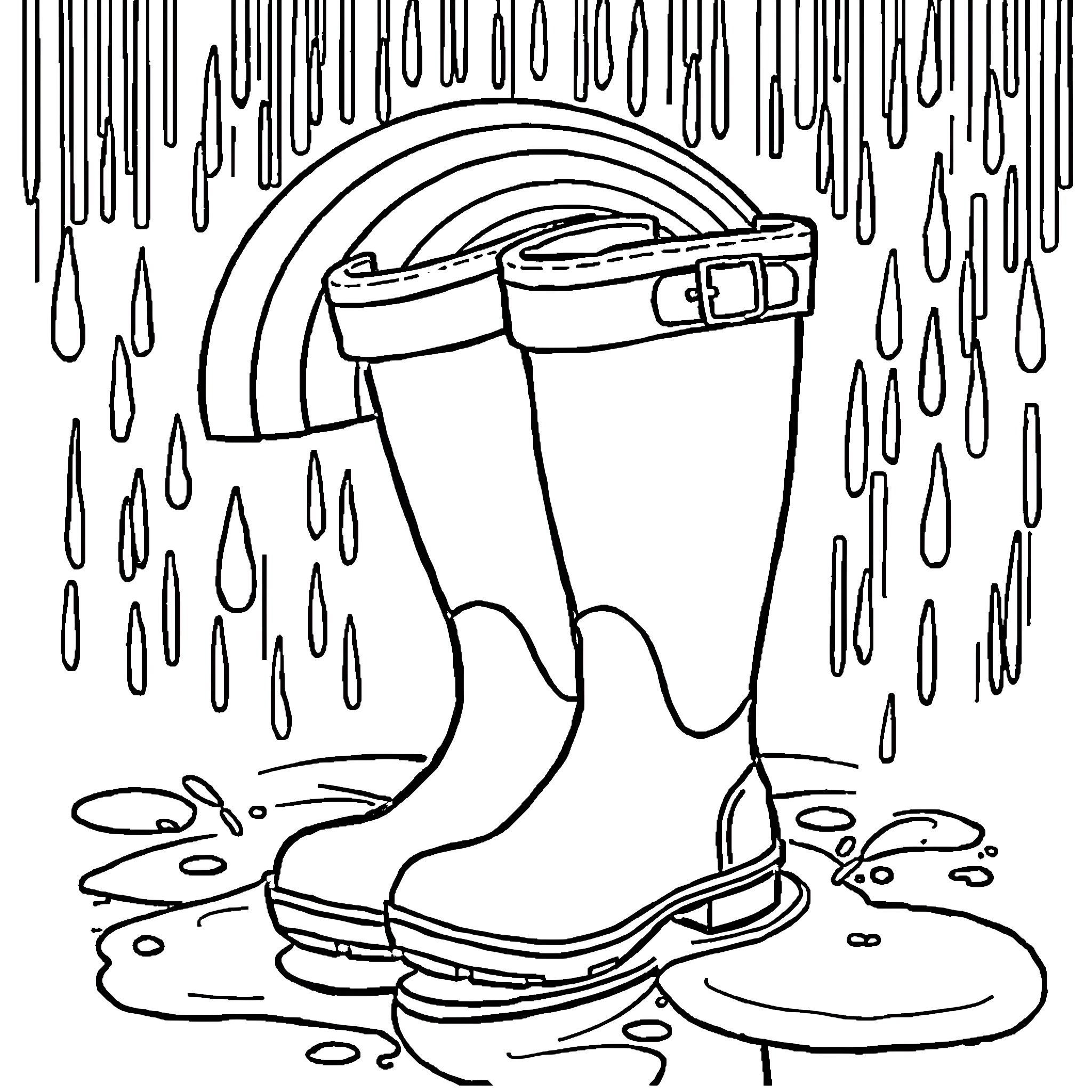 Gumboots in the rain Coloring Page (free black-and-white line drawing printable PDF for all, from beginners to advanced learners, including children, teens, adults, and seniors)